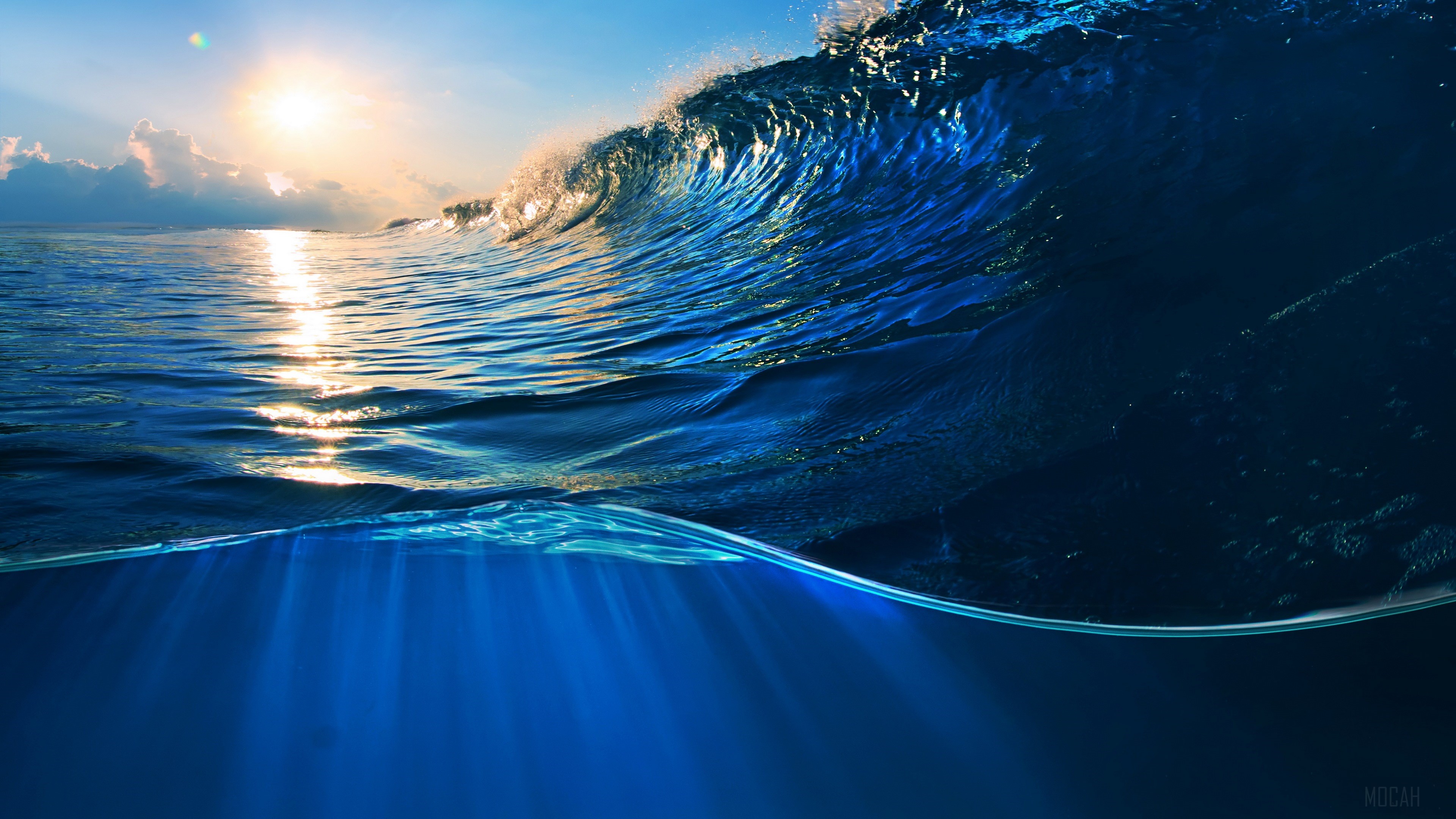 Ocean wave with sun and underwater view HD Wallpaper