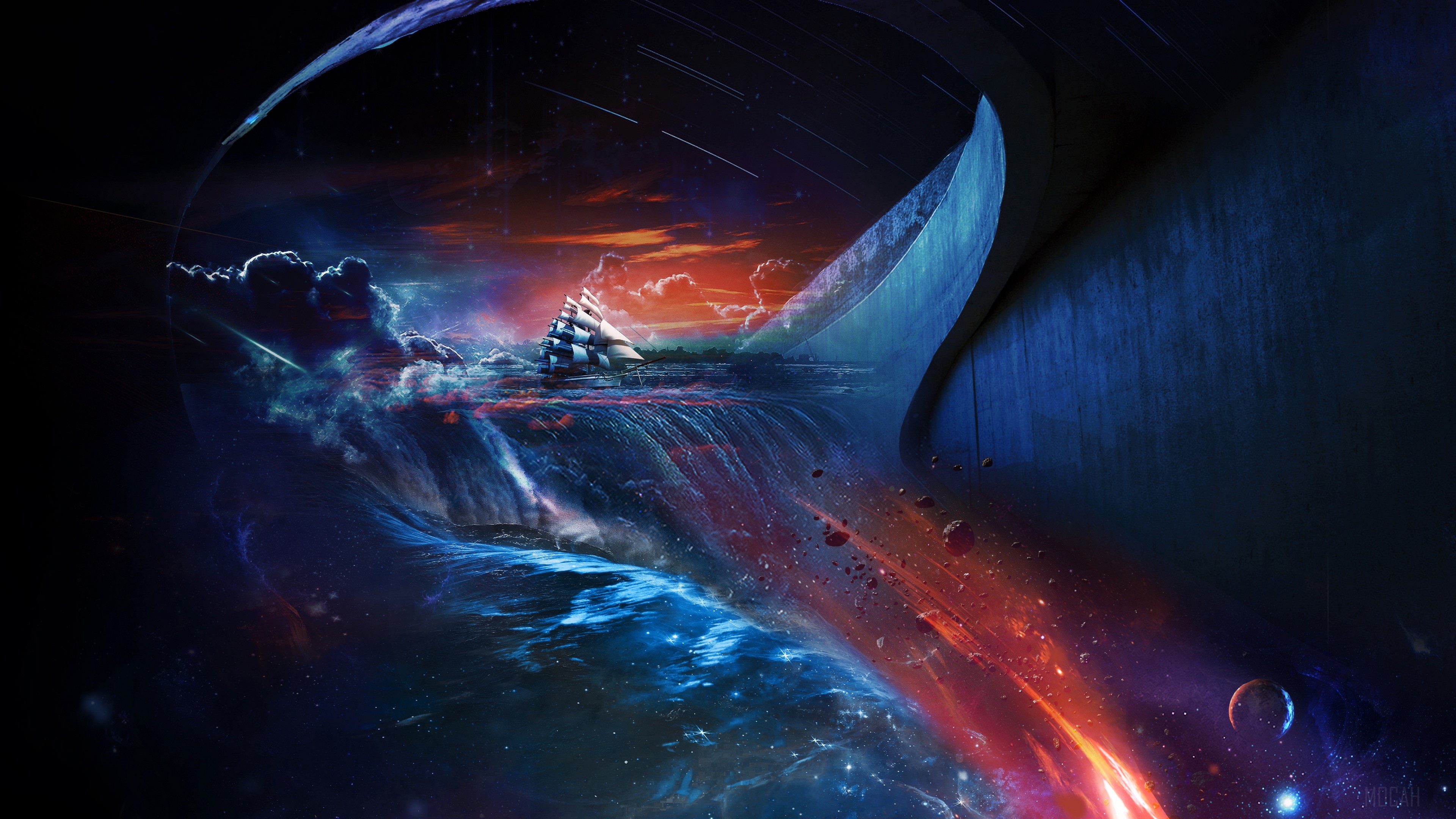 Surreal space waterfall with sailing ship HD Wallpaper