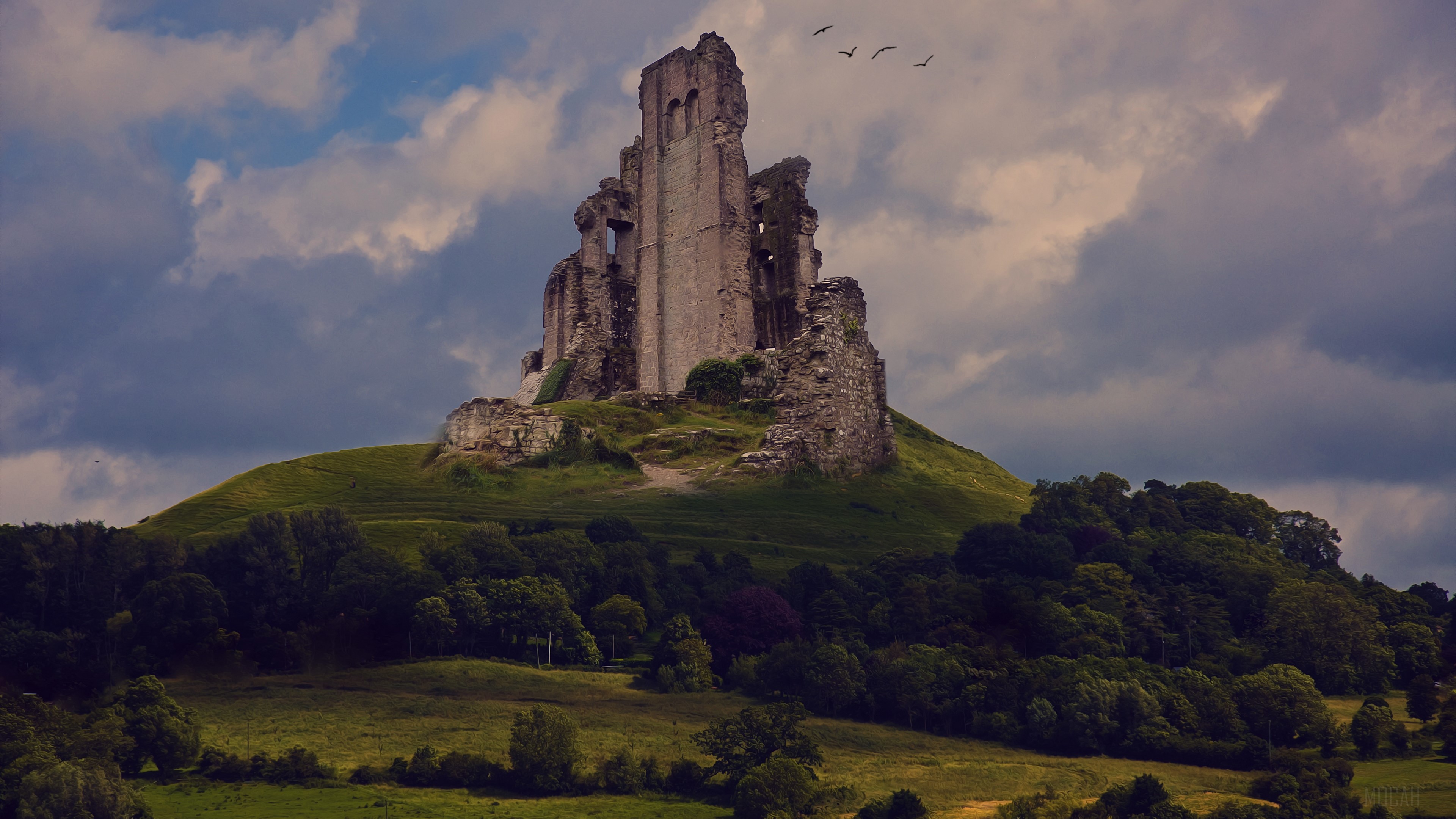 Ruined castle on a grassy hill under a cloudy sky HD Wallpaper