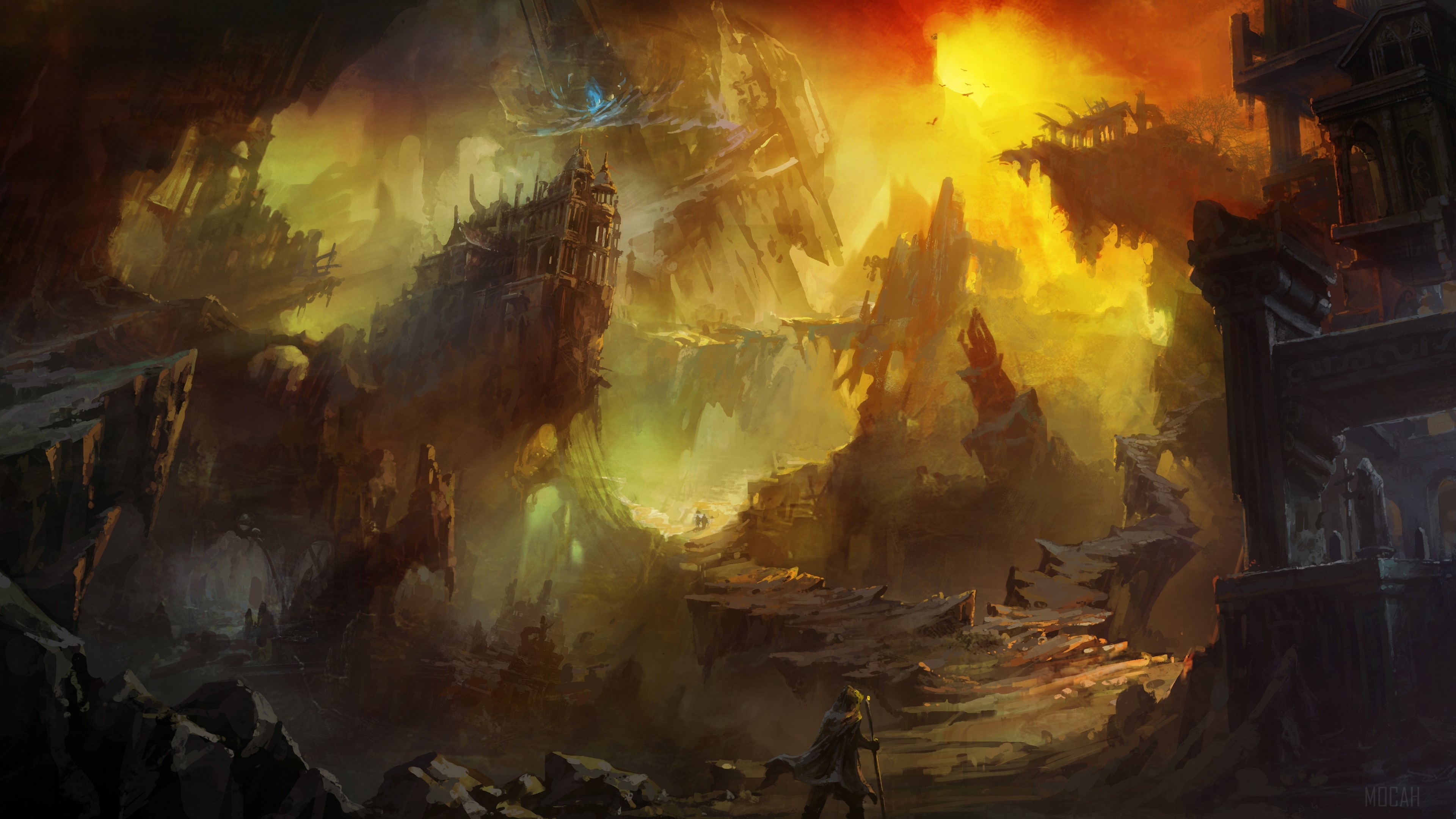 Fantasy landscape with ancient ruins and figures HD Wallpaper