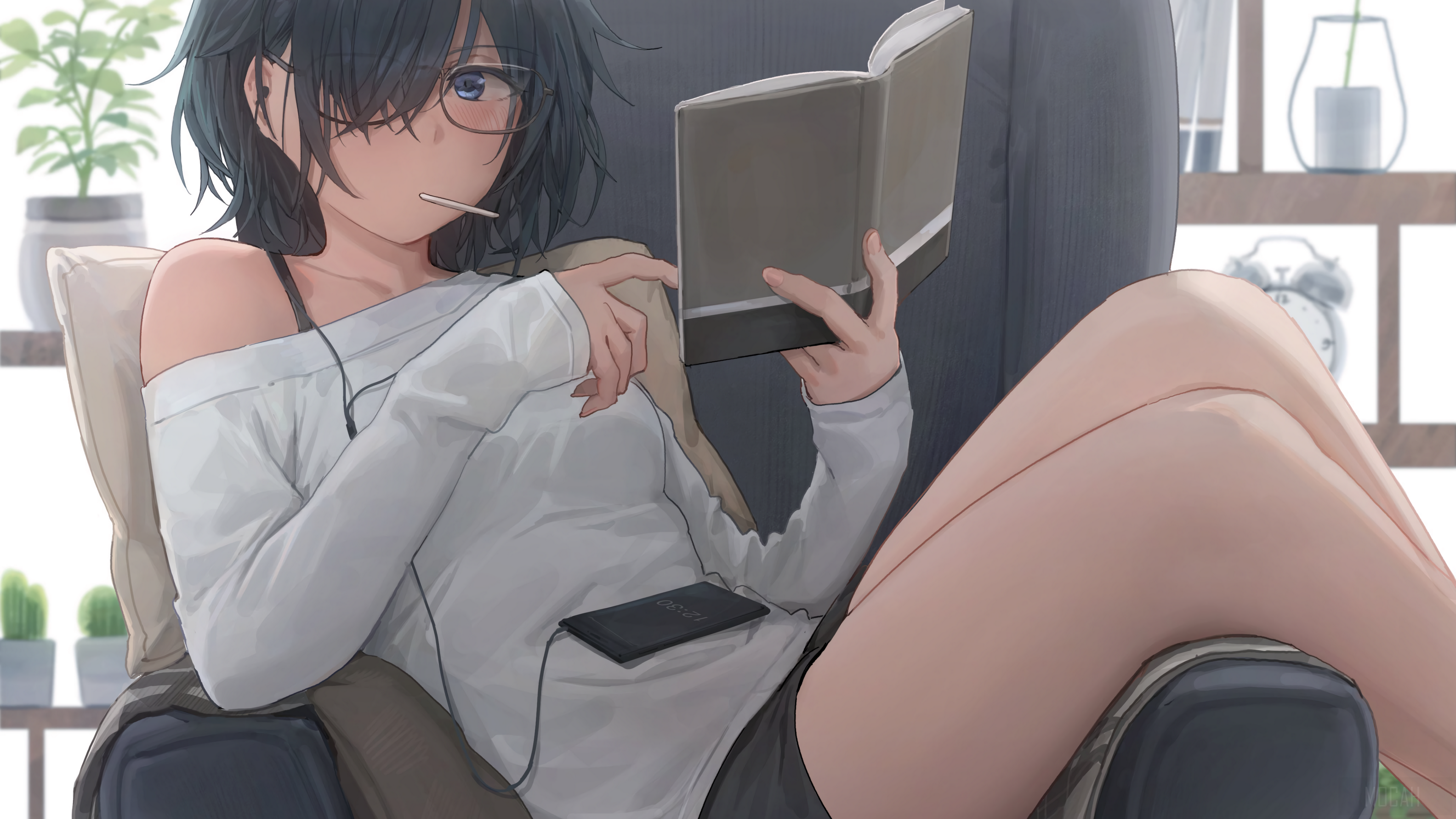 Relaxed Girl Reading Book with Black Hair in 4K HD Wallpaper