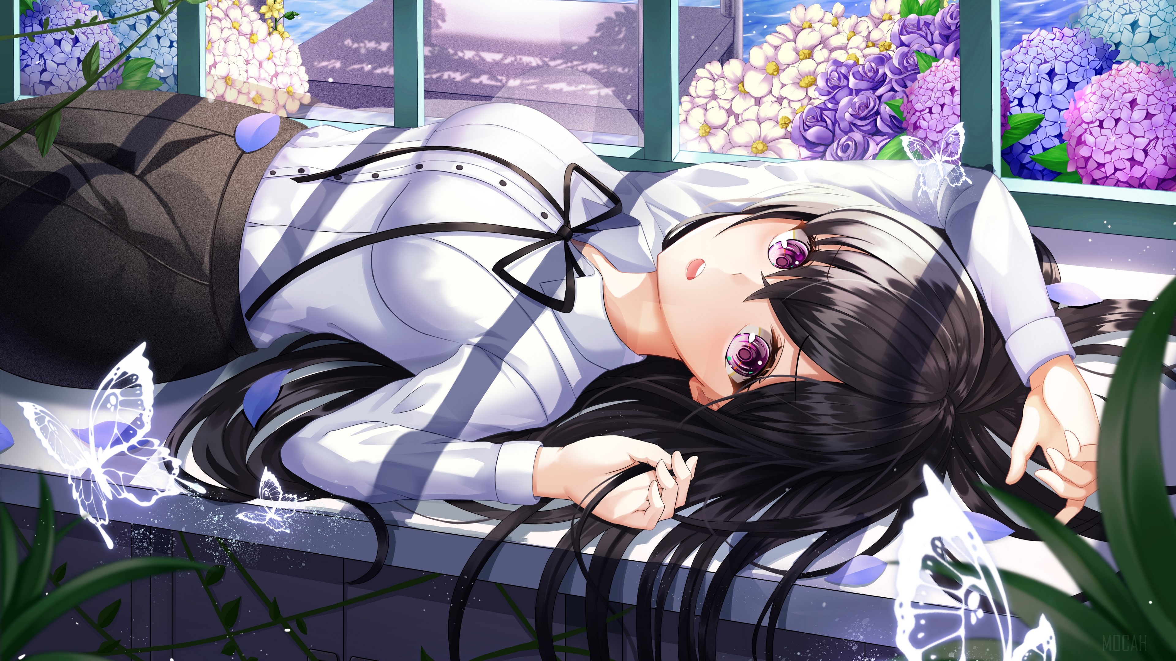 Girl with Black Hair and Purple Eyes by Window HD Wallpaper