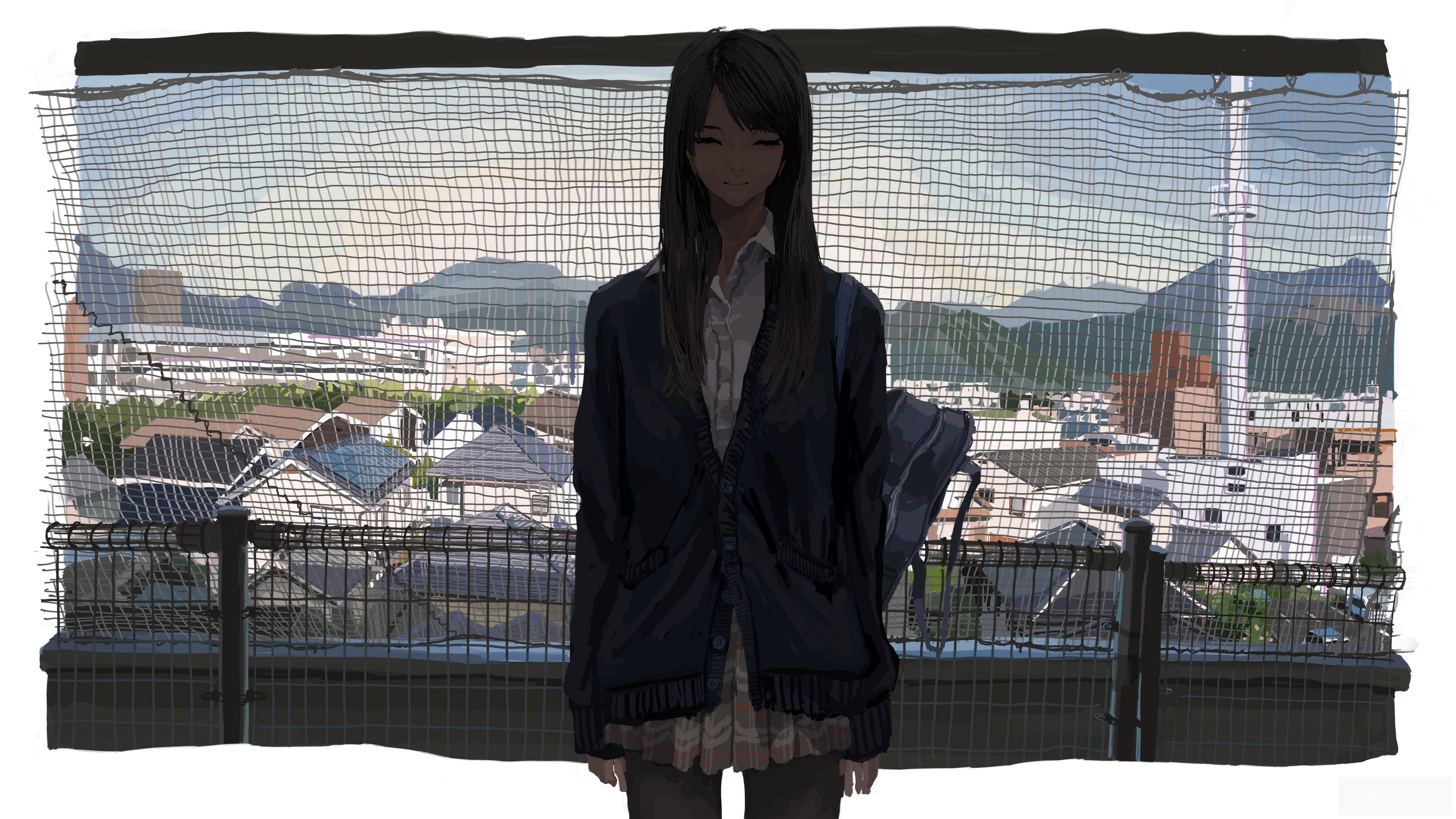 Girl smiling in front of city view 4K HD Wallpaper