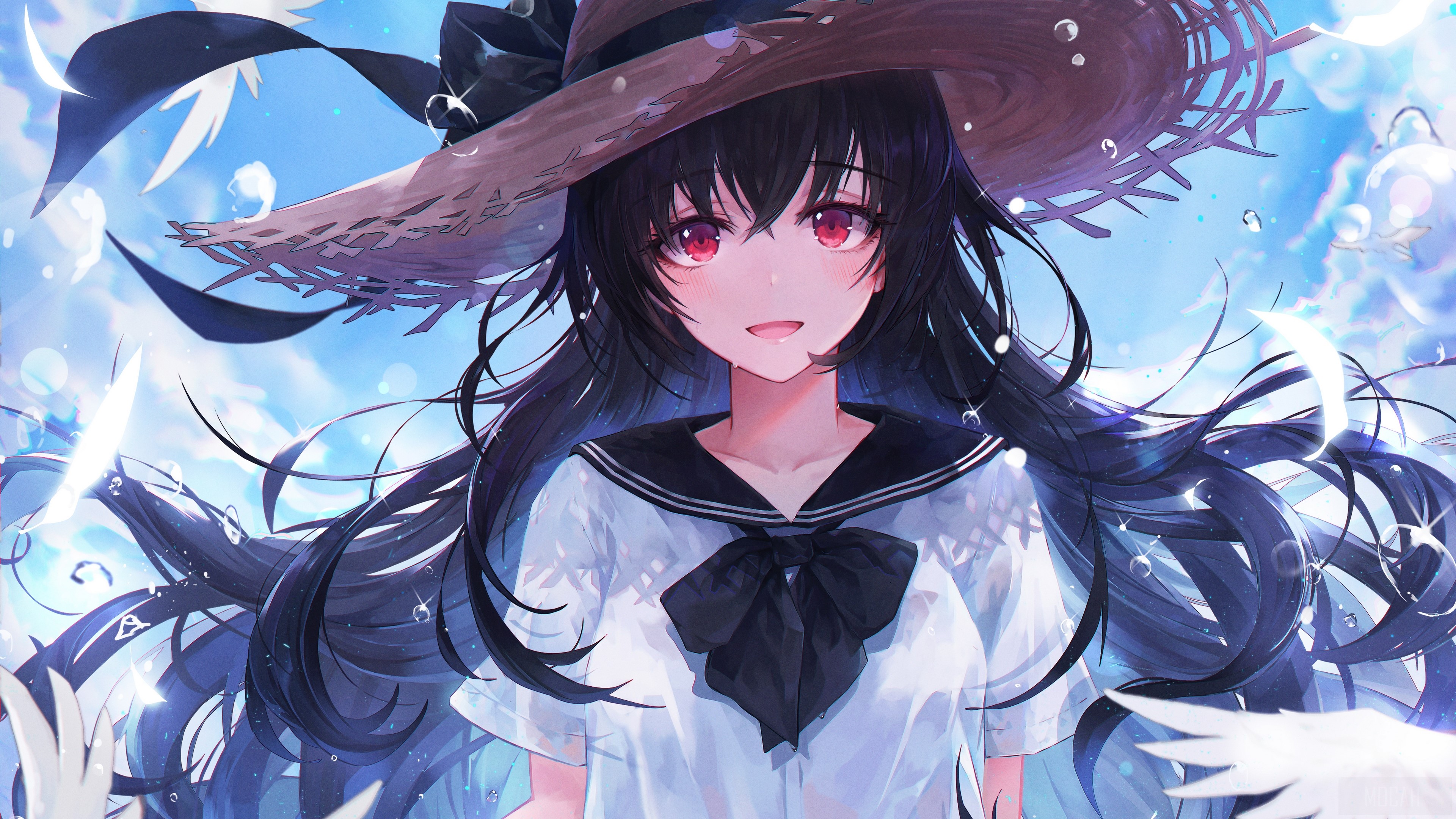 Girl with Black Hair and Red Eyes wearing a Hat 4K HD Wallpaper