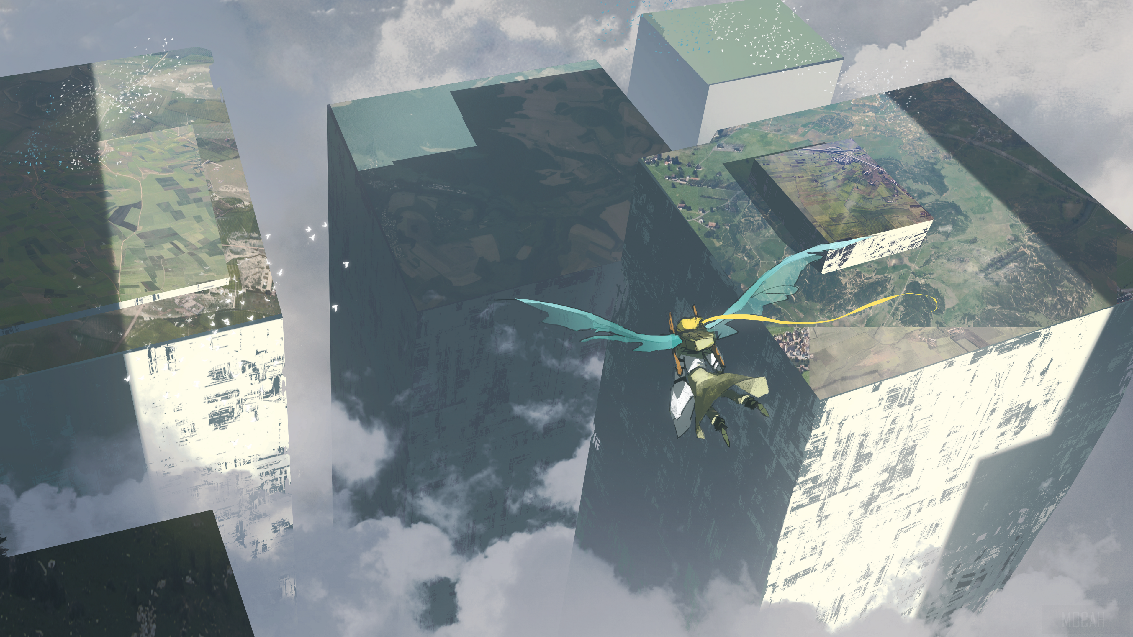 Girl with wings flying near cube structures 4K HD Wallpaper
