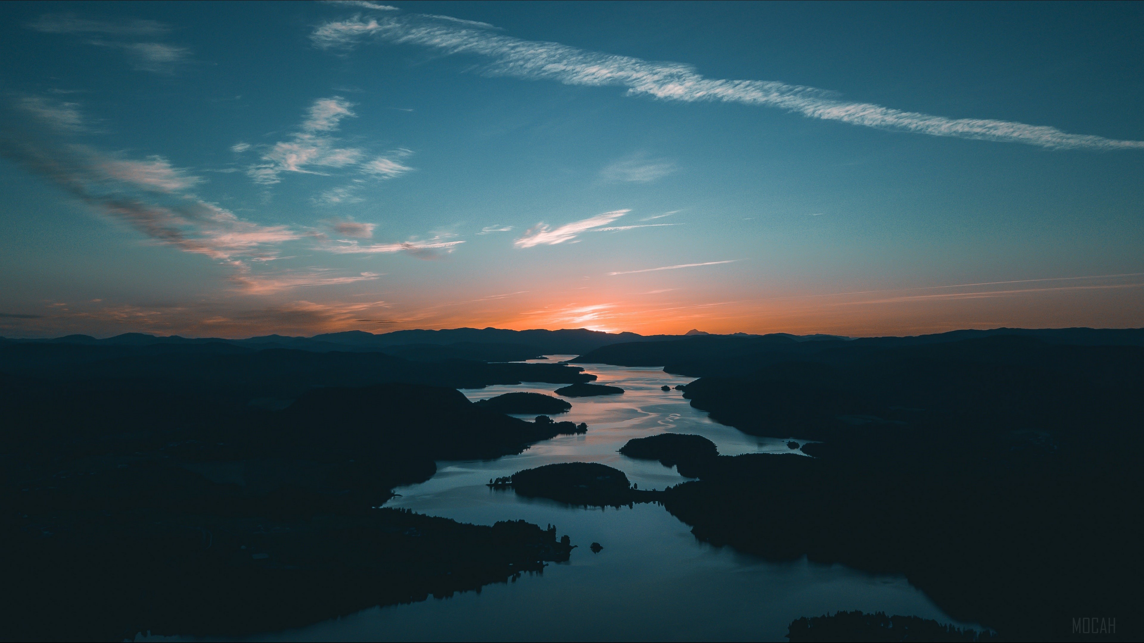 River landscape at sunrise with mountains and clouds HD Wallpaper