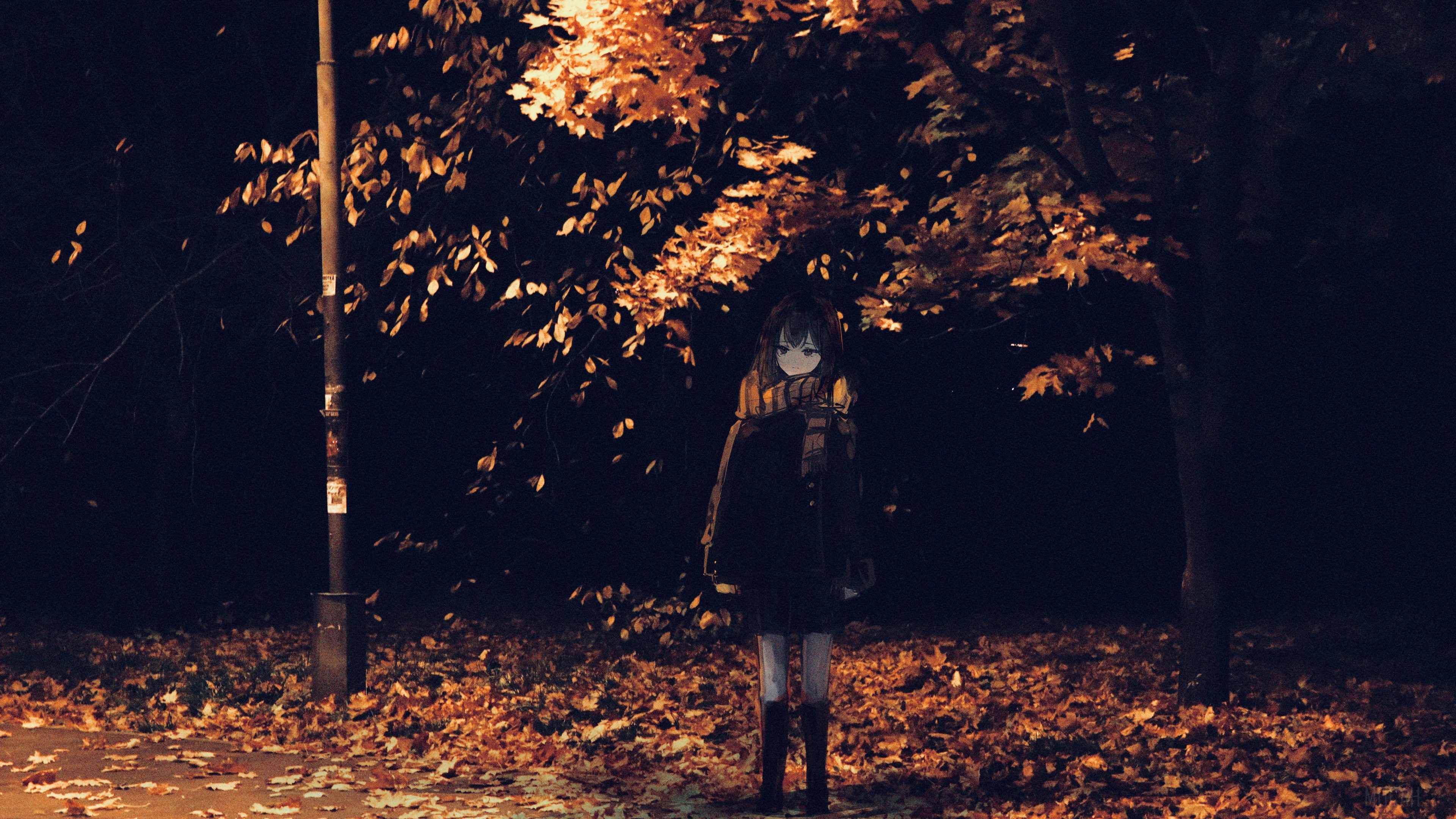 Girl with scarf under autumn tree at night 4K HD Wallpaper