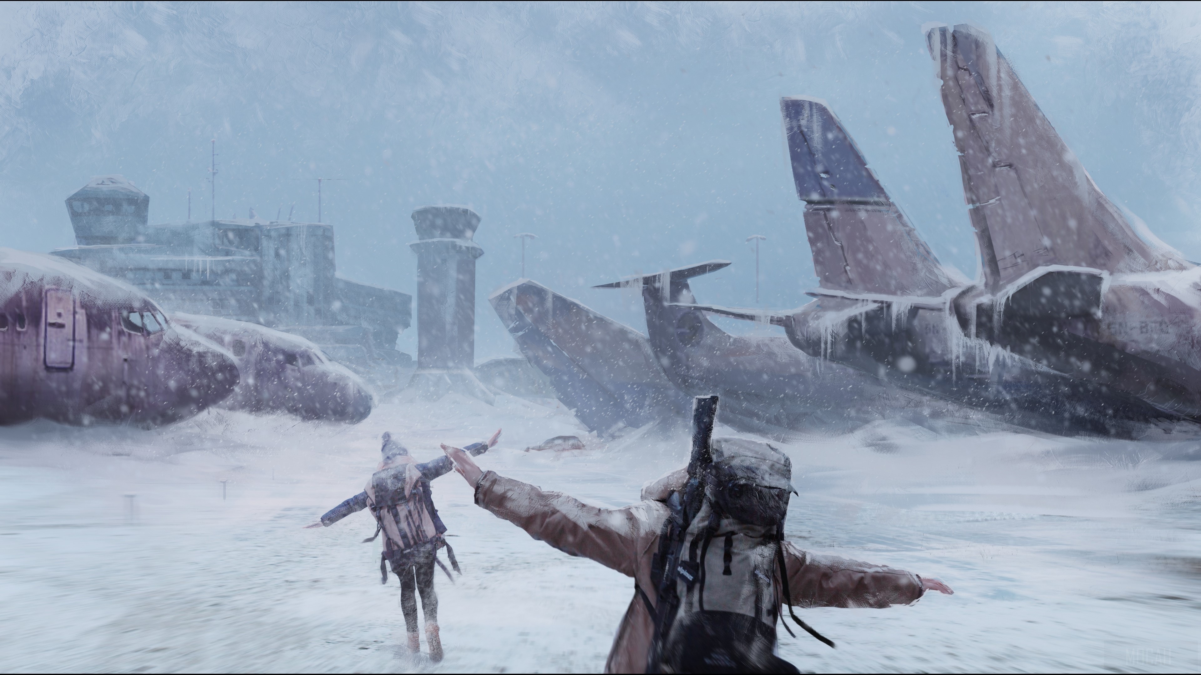 People in a snowy airport with crashed airplanes HD Wallpaper