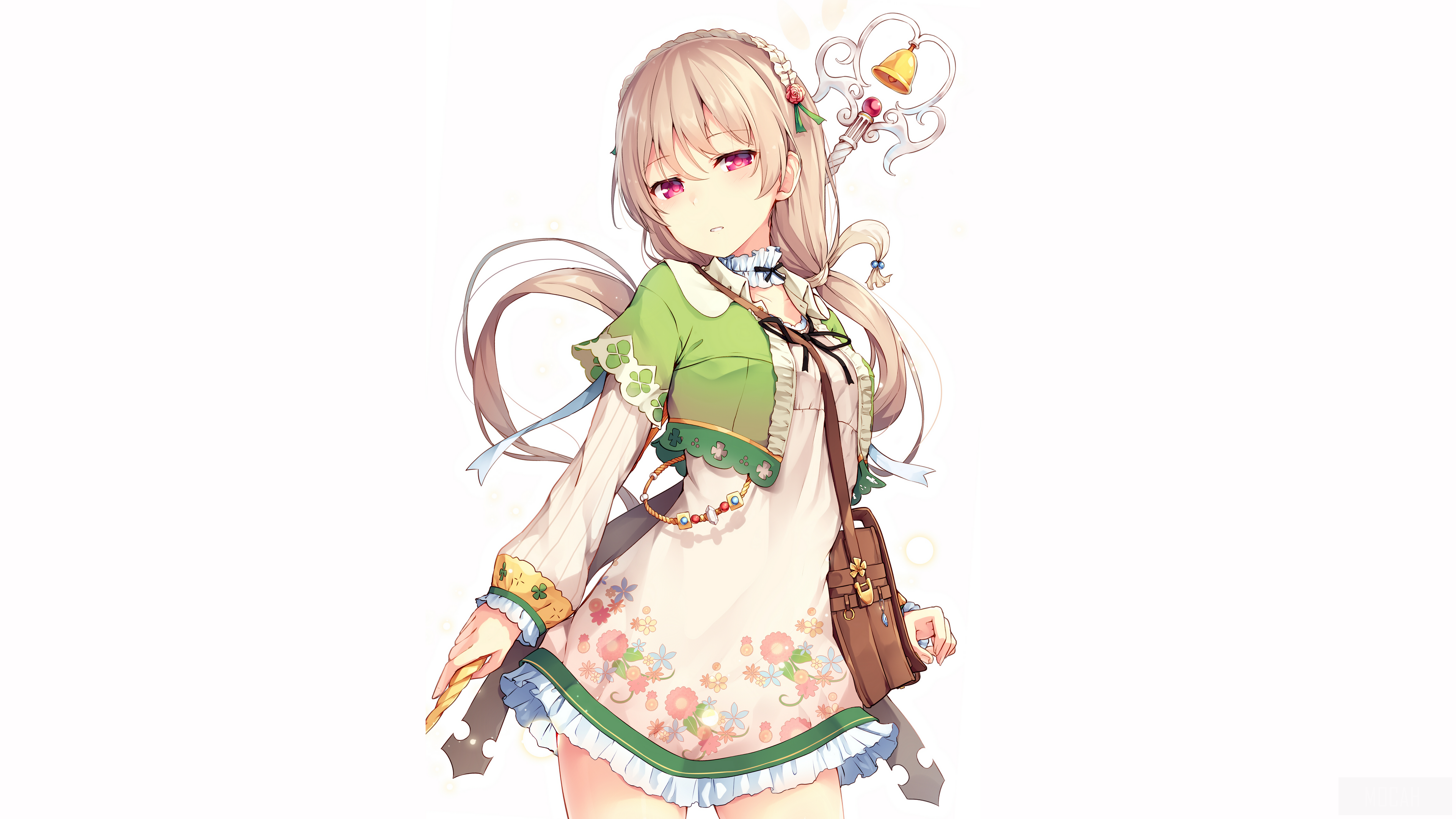 Girl with Pink Eyes and Bell Staff 4K HD Wallpaper