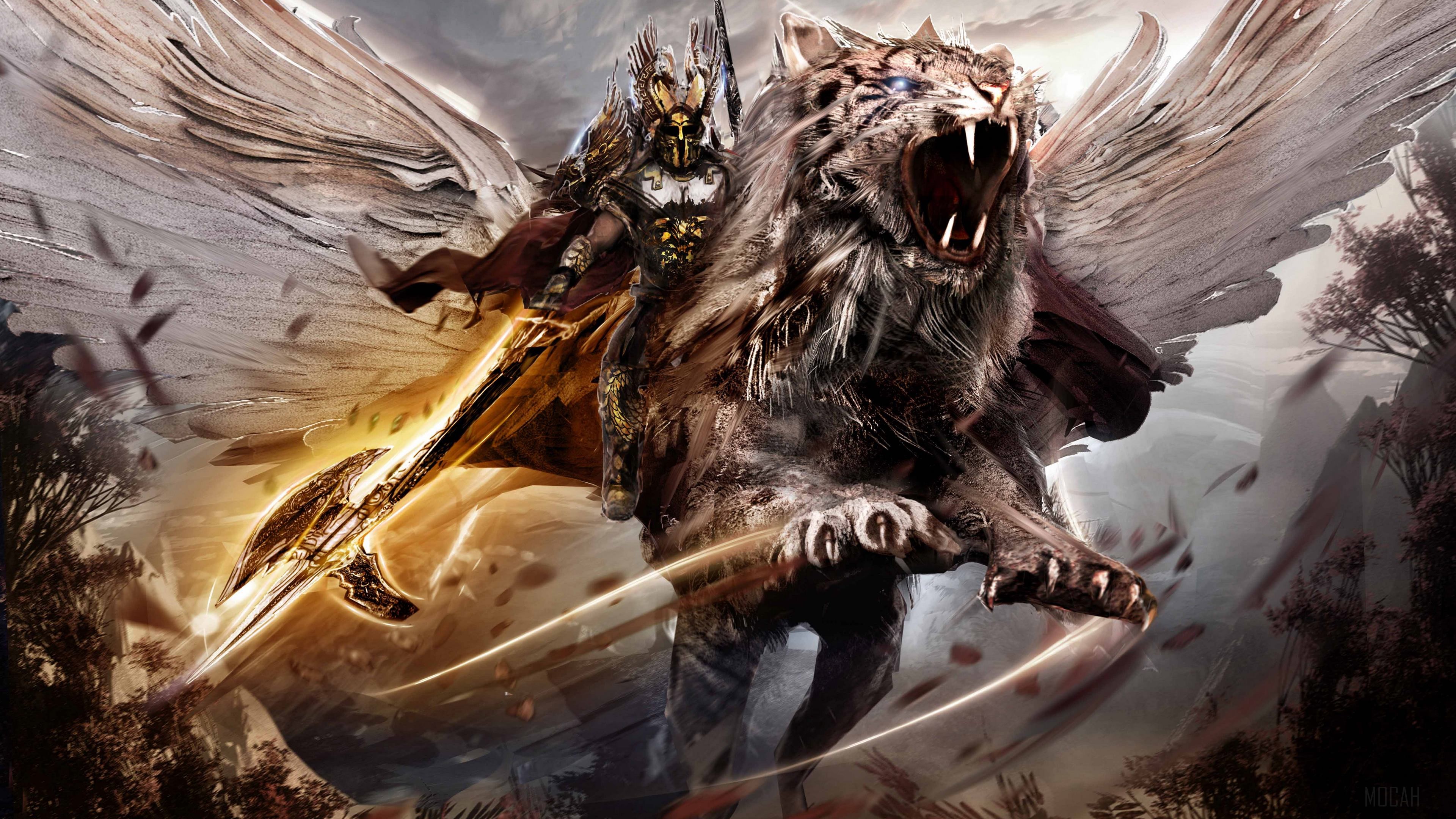 Warrior riding a winged tiger with a spear 4K HD Wallpaper