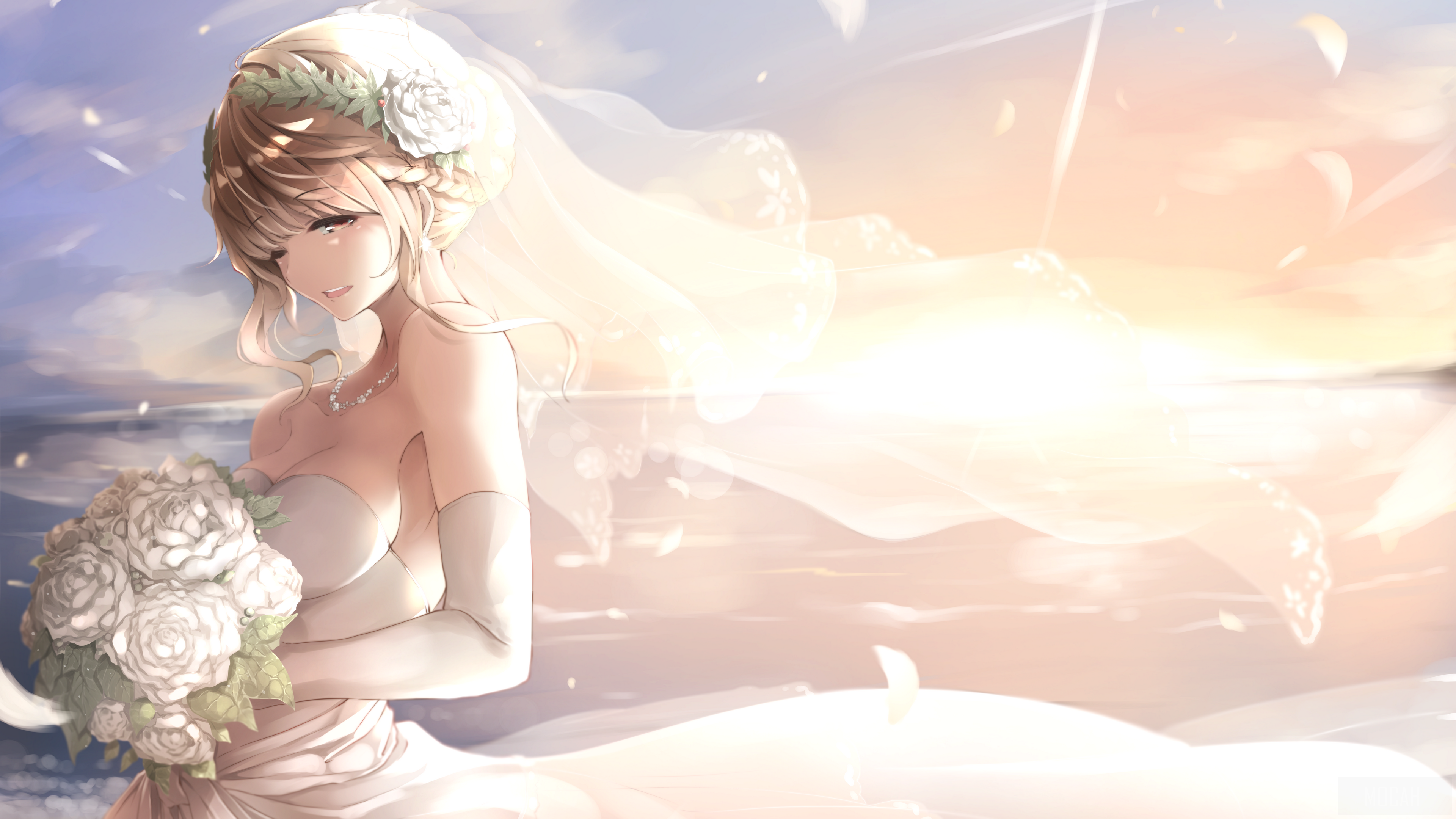 Blonde Bride with Bouquet and Veil at Sunset 4K HD Wallpaper