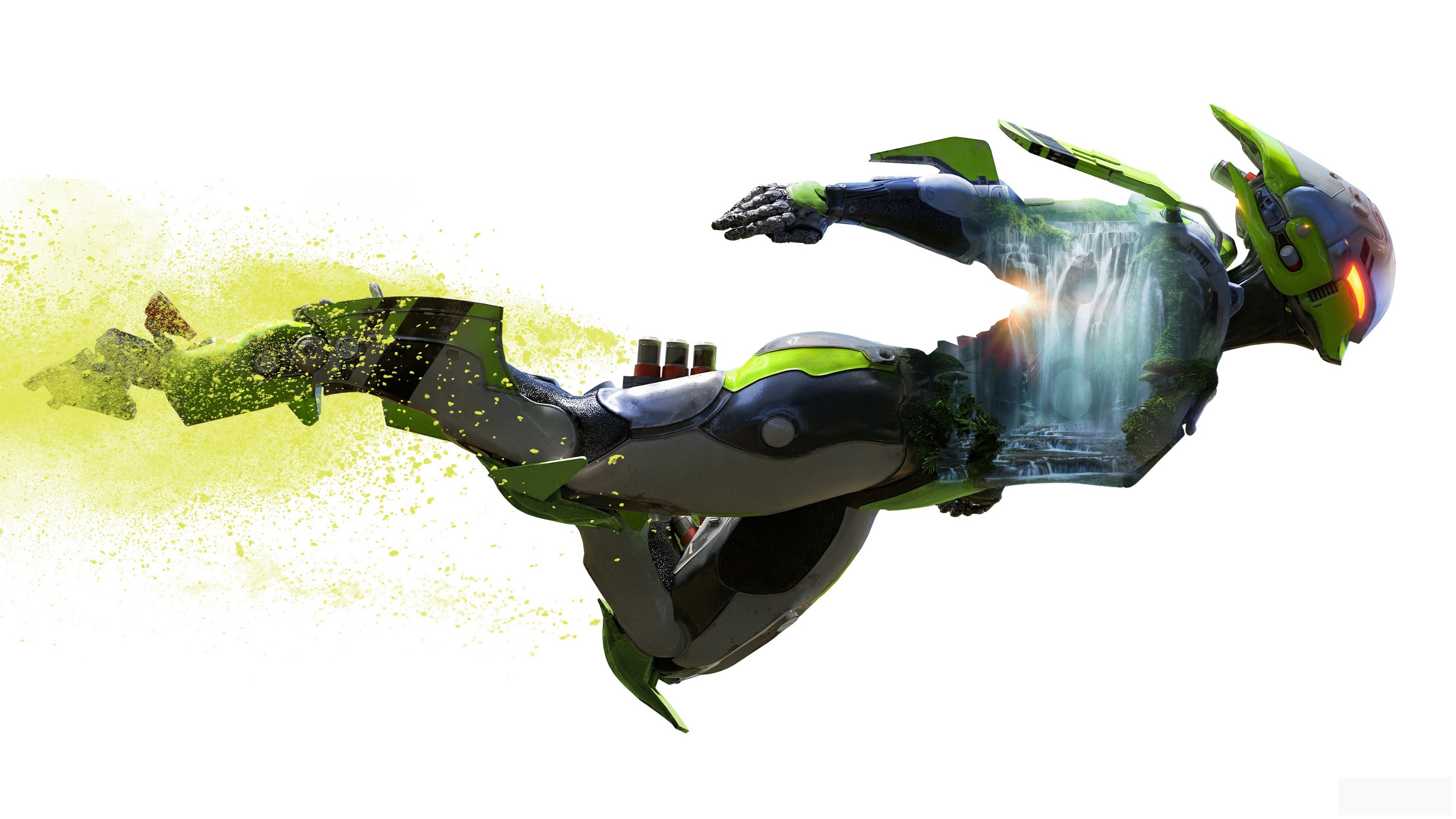 4K Futuristic Warrior with Waterfall Interior HD Wallpaper