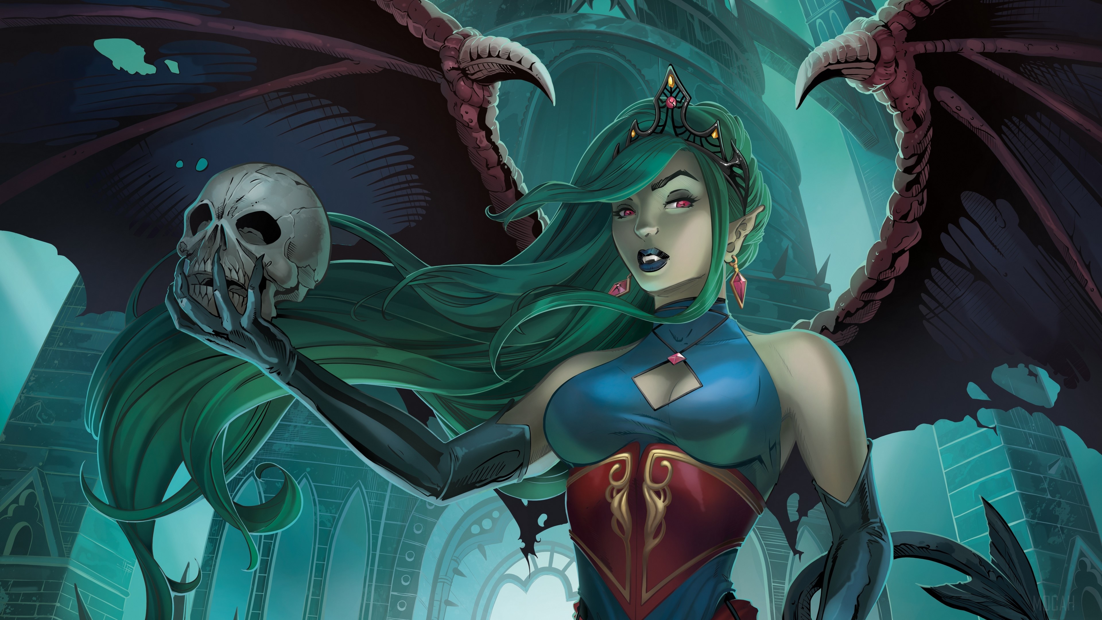 Demon Girl with Green Hair and Skull 4K HD Wallpaper