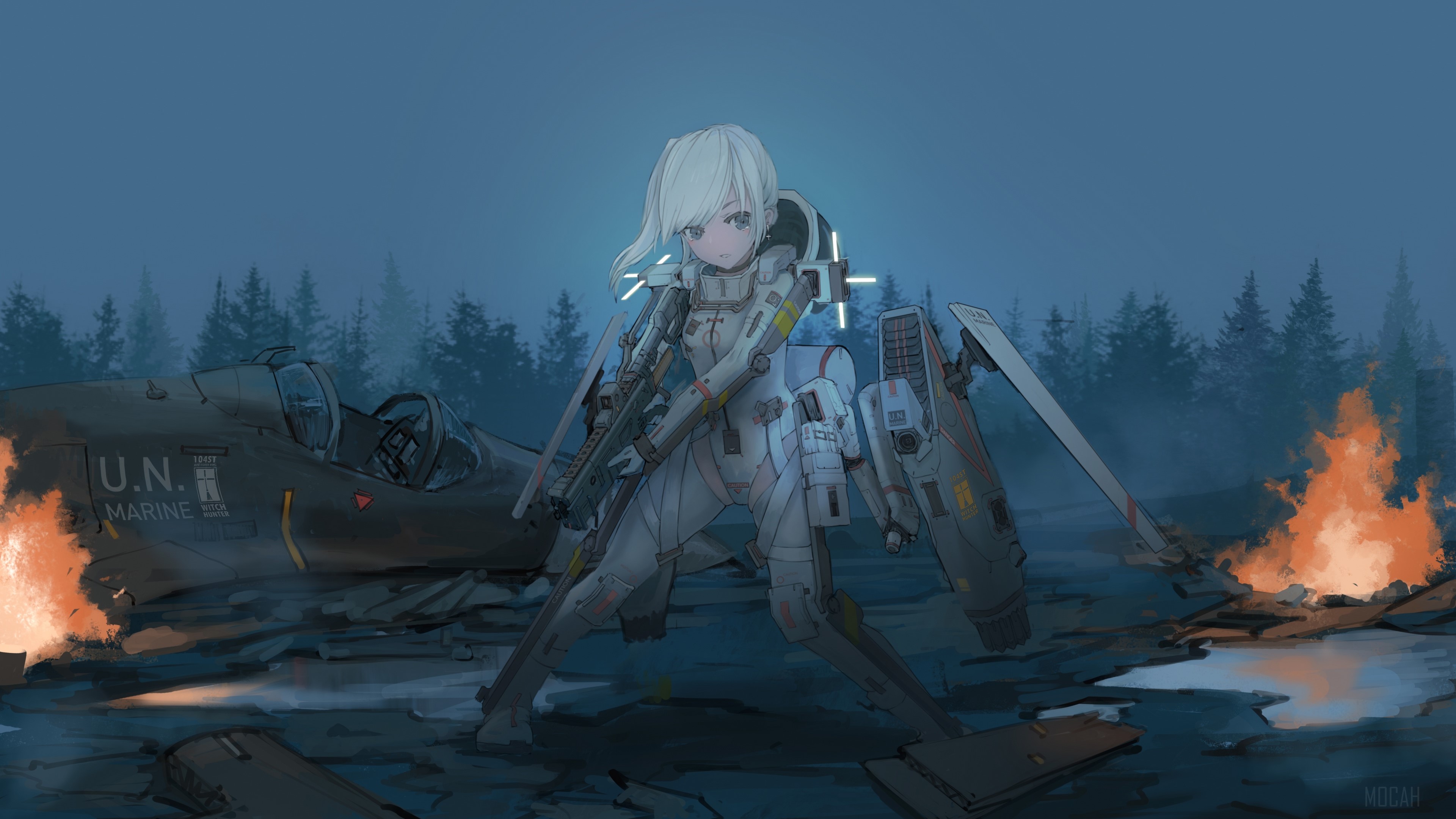 Girl in armor with gun near crashed airplane and fire HD Wallpaper