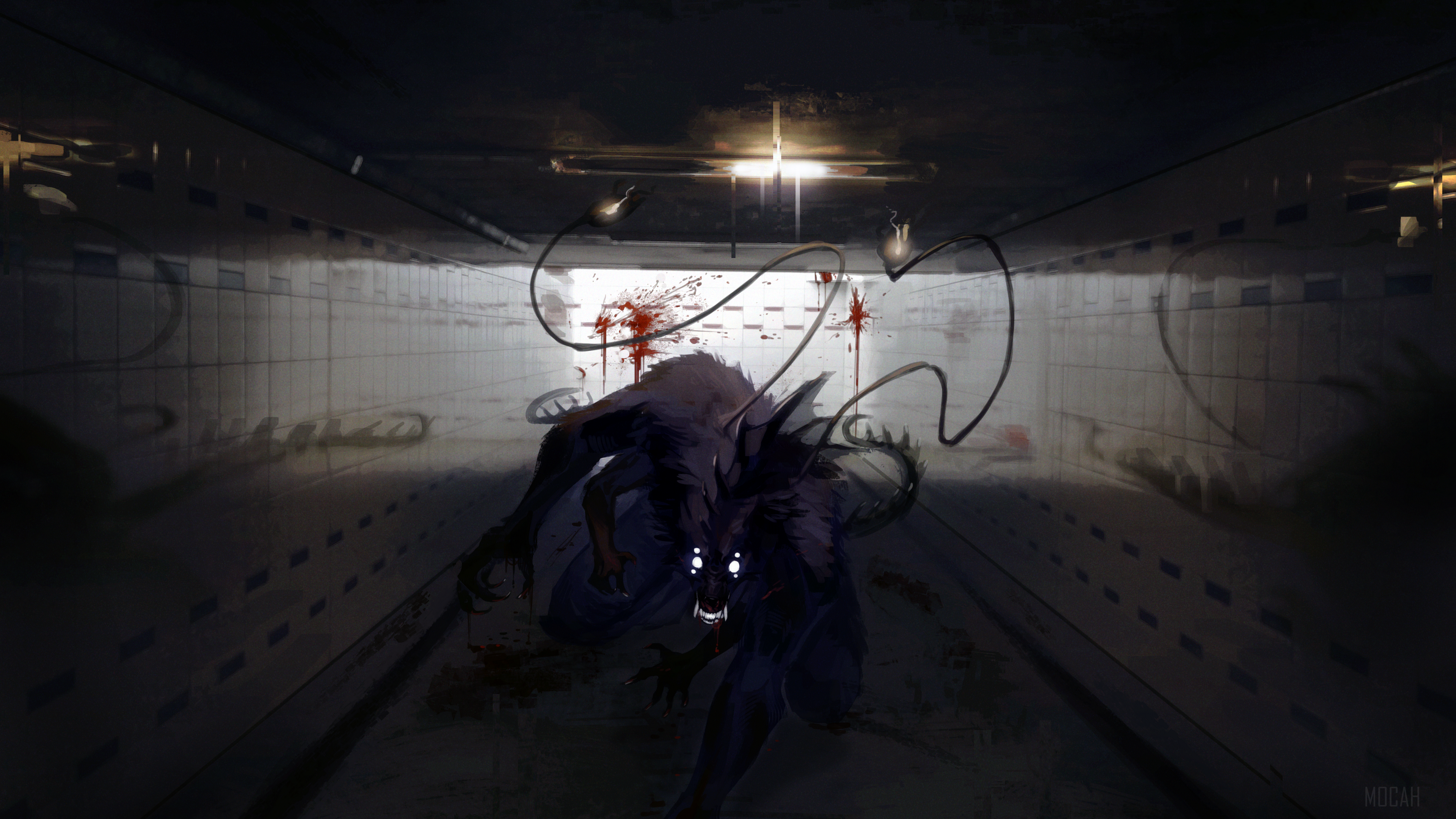 Creature in a blood-splattered corridor 4K HD Wallpaper