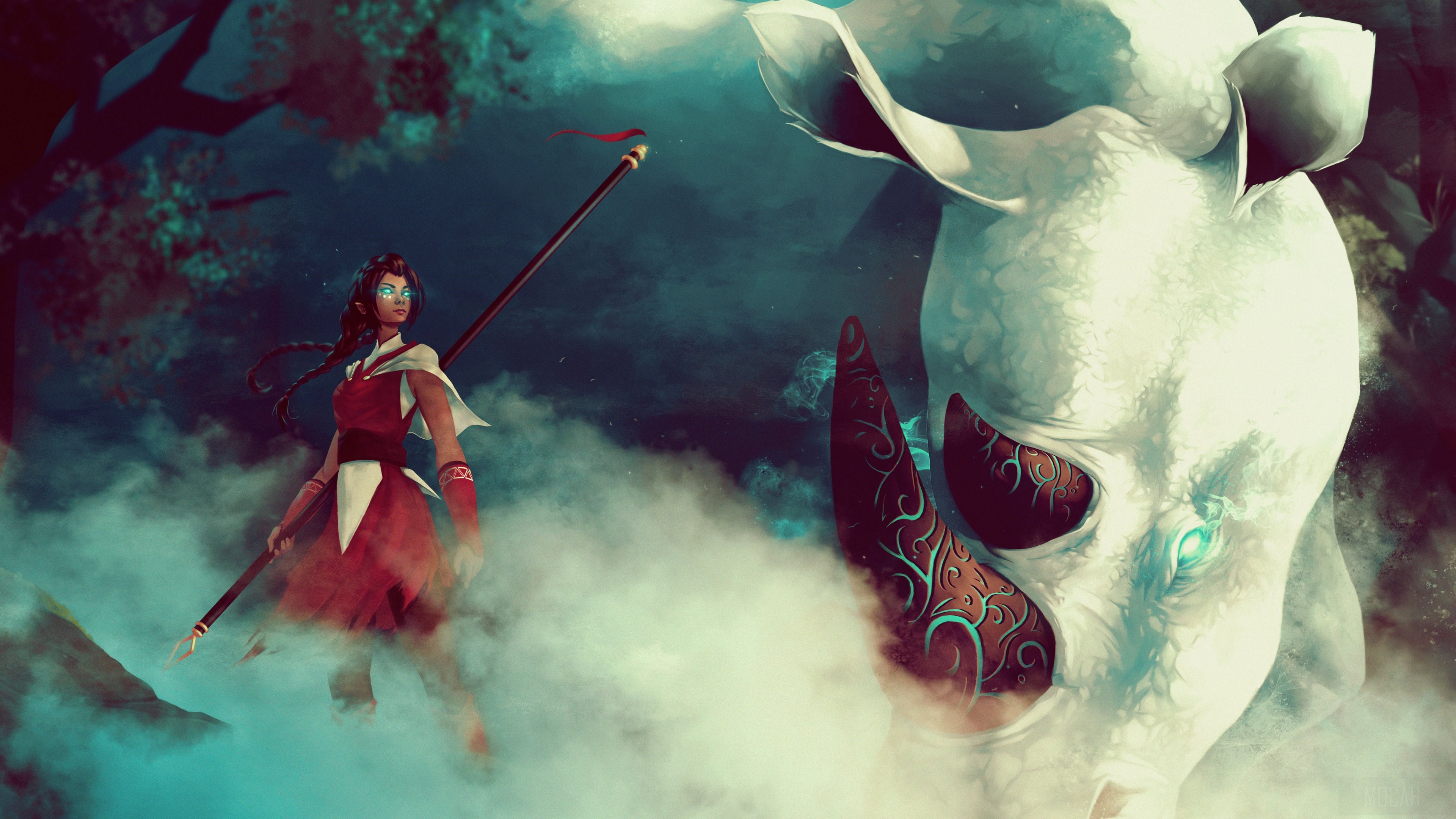 Woman Warrior with Spear and Spirit Rhino HD Wallpaper