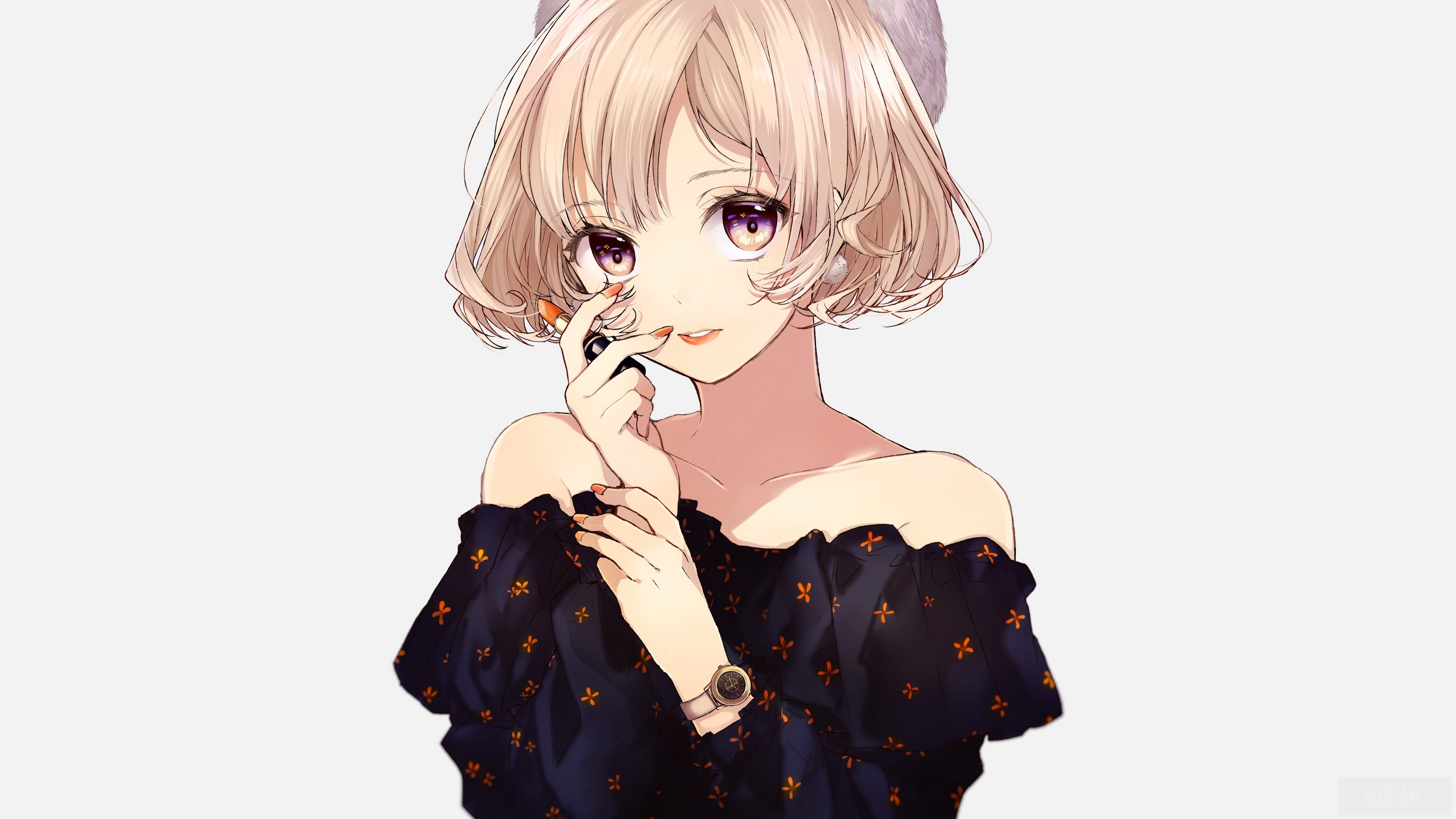 Girl with Blonde Short Hair and Hat Applying Lipstick 4K HD Wallpaper