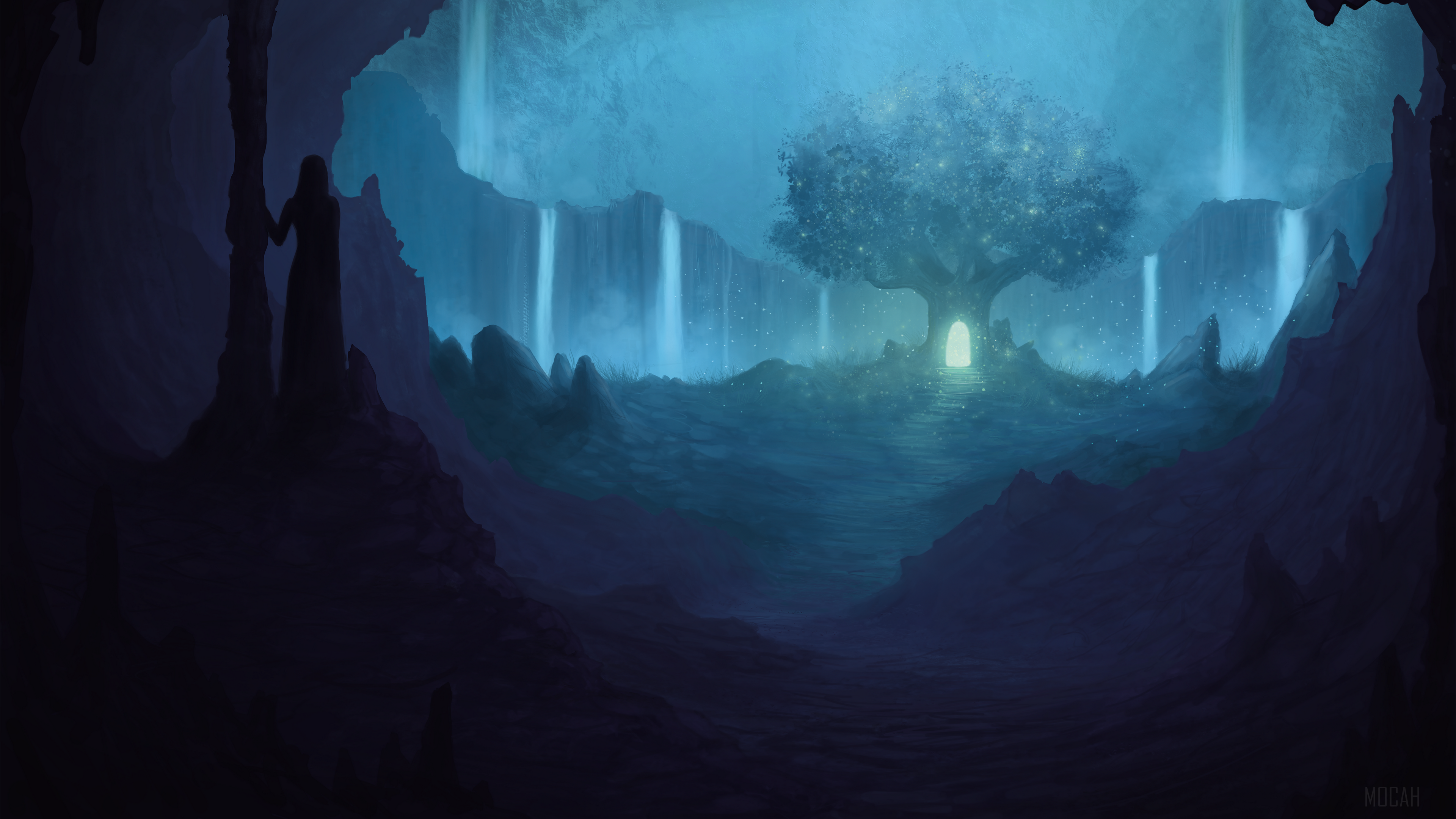 Magical Cave Landscape with Tree and Waterfalls 4K HD Wallpaper