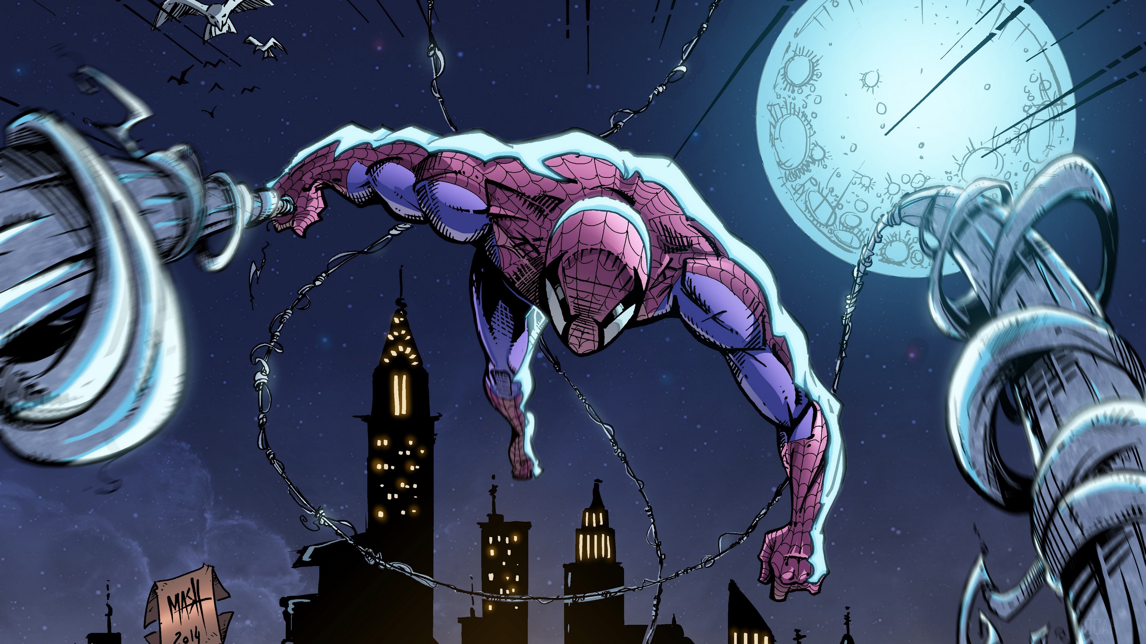 Spider-Man swinging through the city at night HD Wallpaper