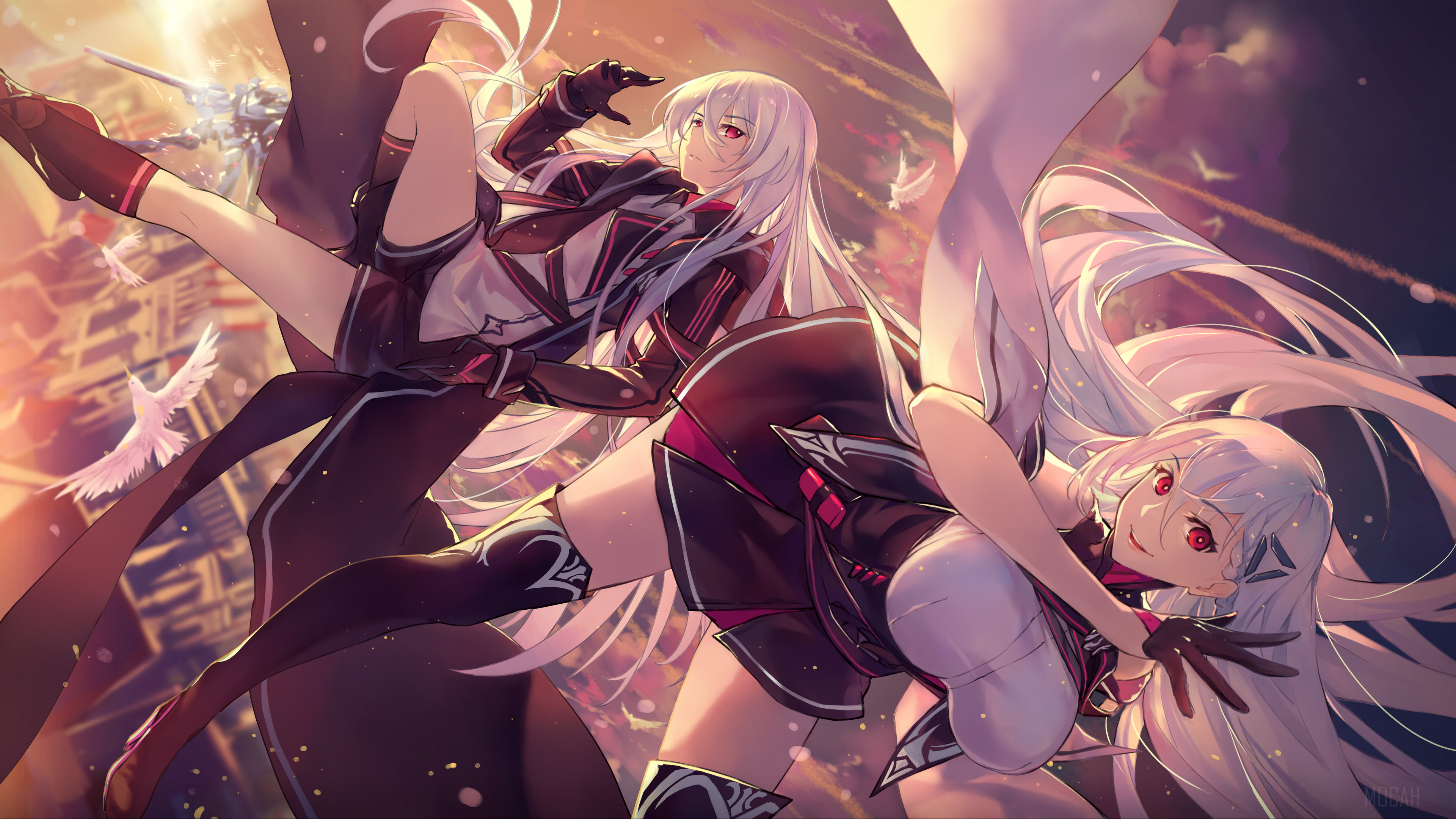 Two anime girls with white hair and red eyes HD Wallpaper