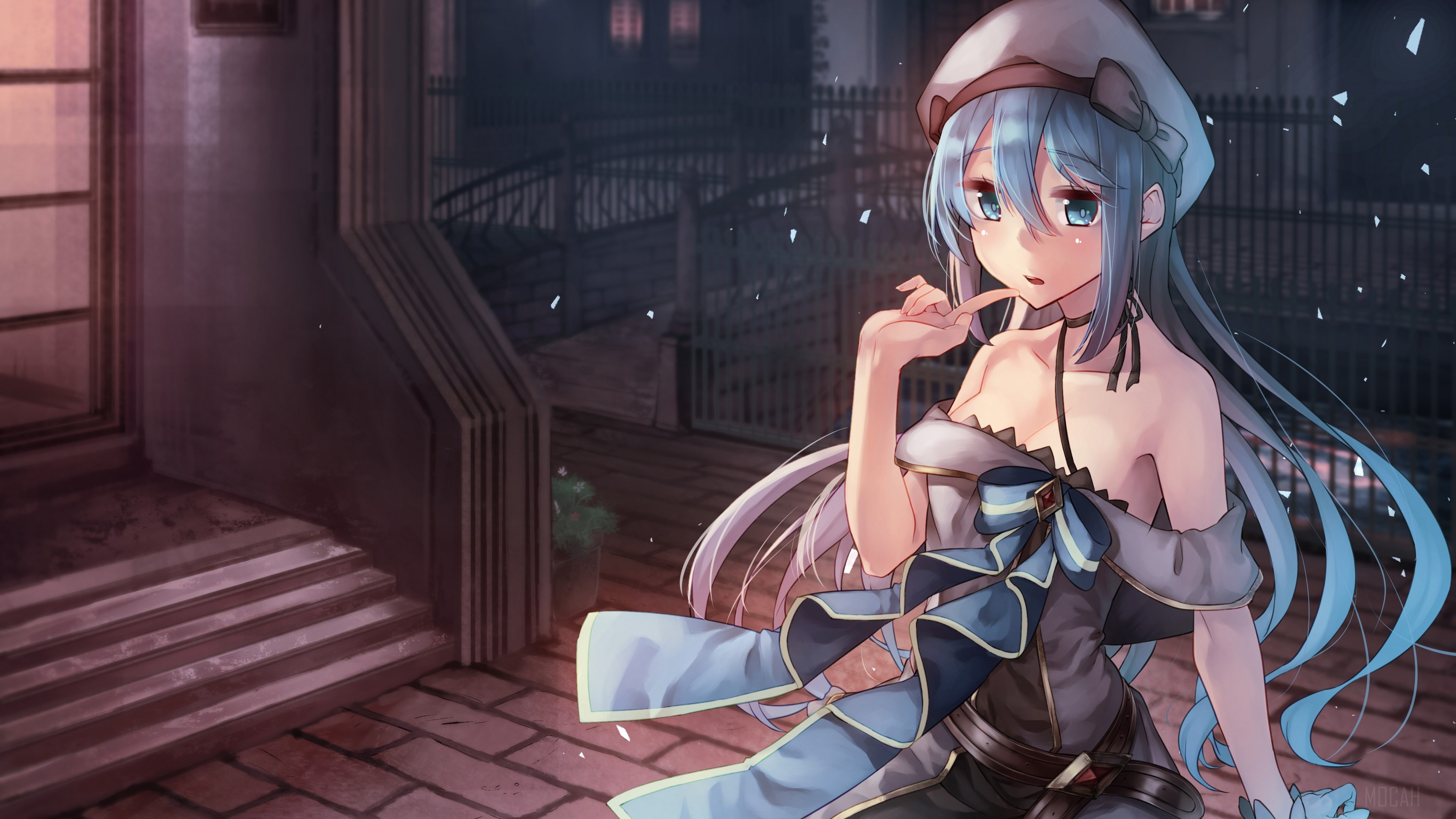 Anime girl with blue hair and hat HD Wallpaper