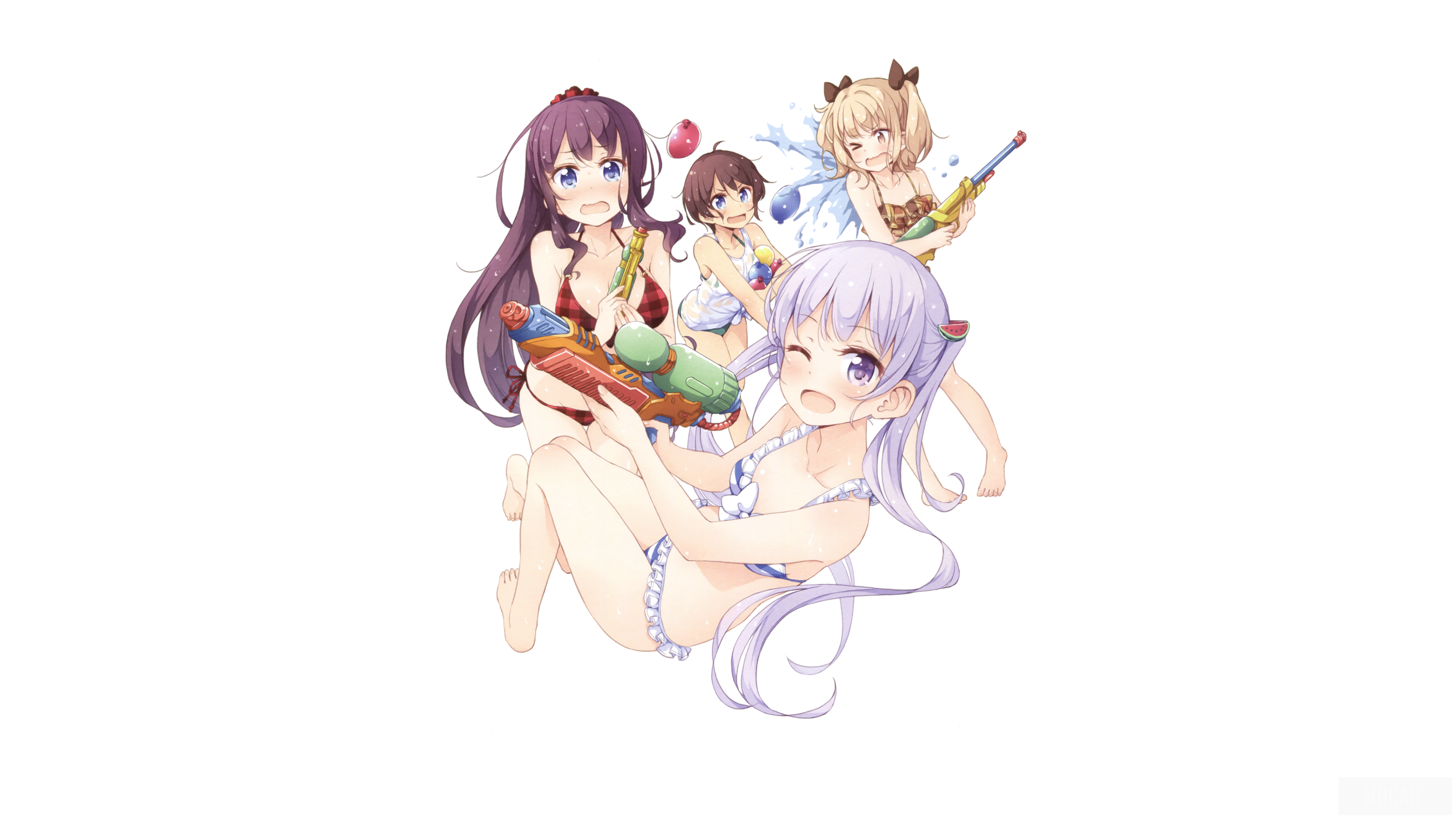 Four anime girls with water guns HD Wallpaper