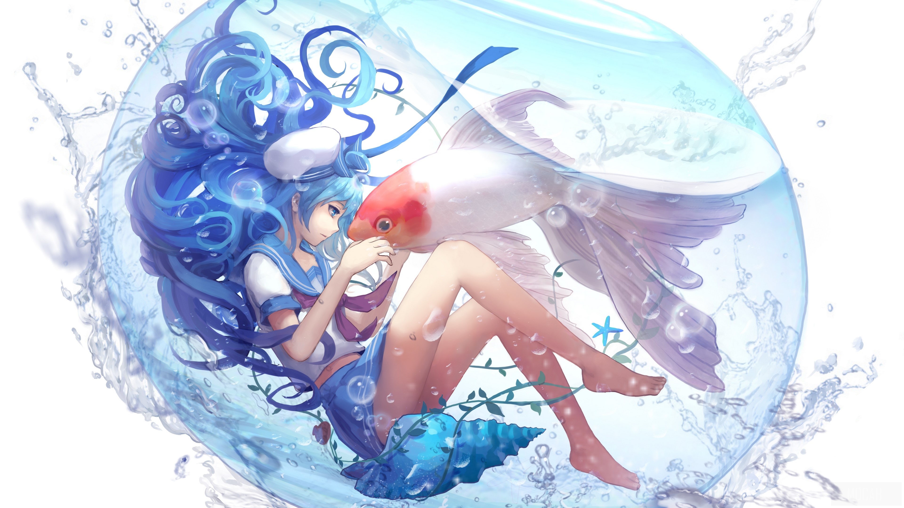 Girl and Koi Fish in Water Bubble 4K HD Wallpaper
