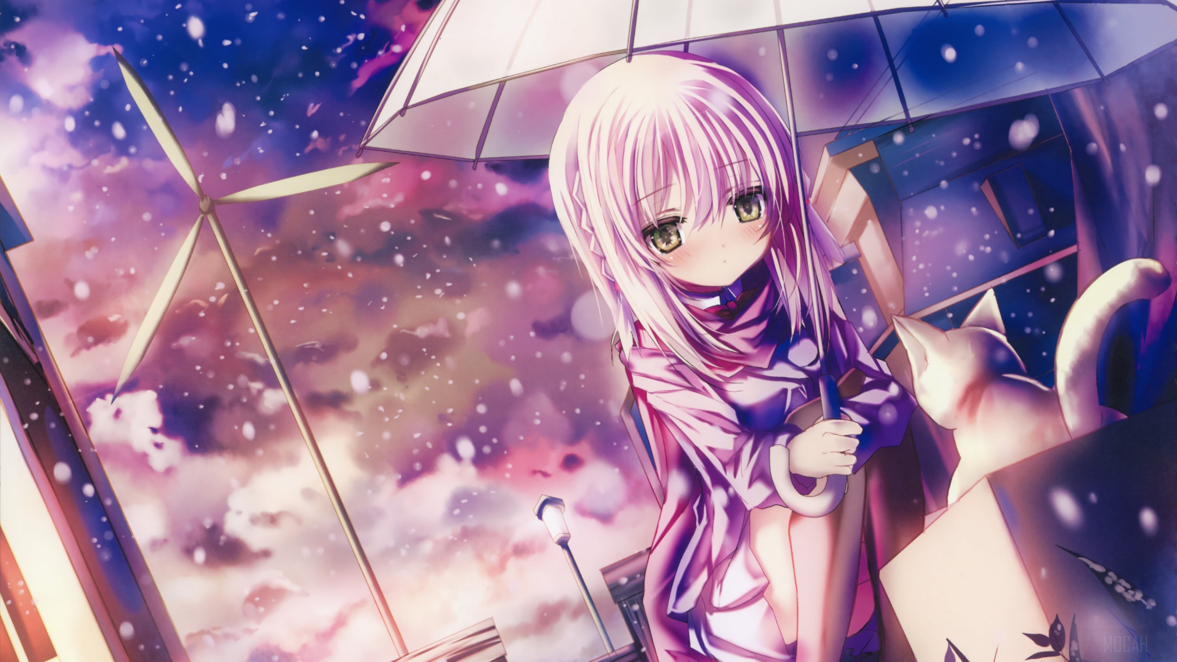 Girl with Cat and Umbrella in Snow 4K HD Wallpaper