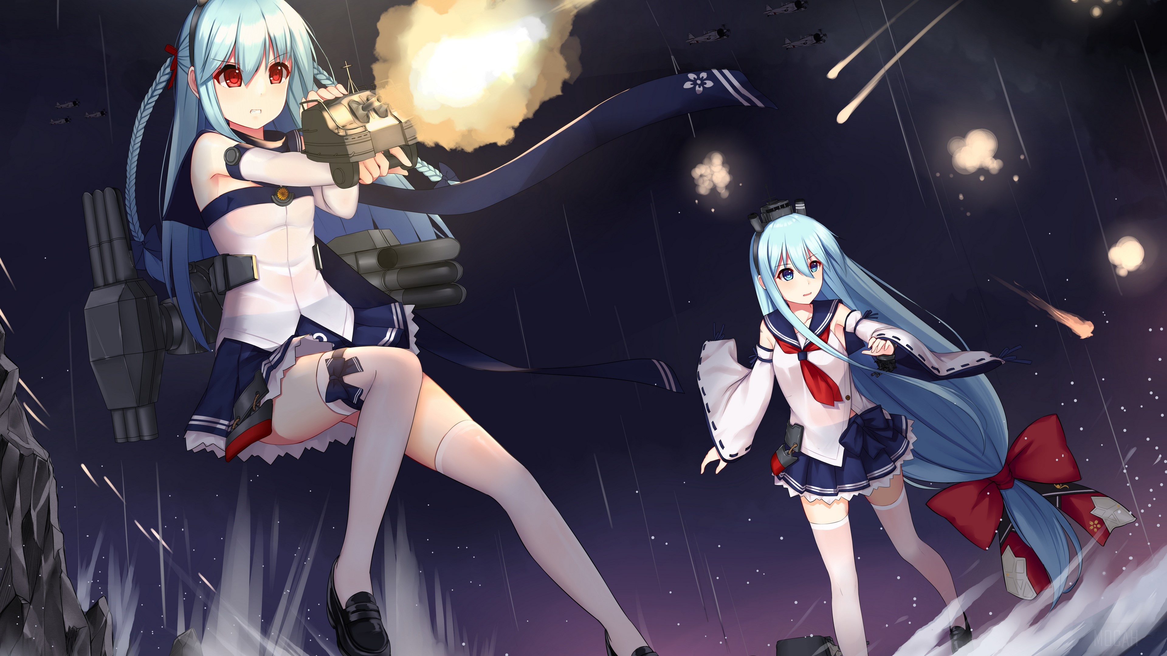 Two anime girls in sailor uniforms on a battleship HD Wallpaper