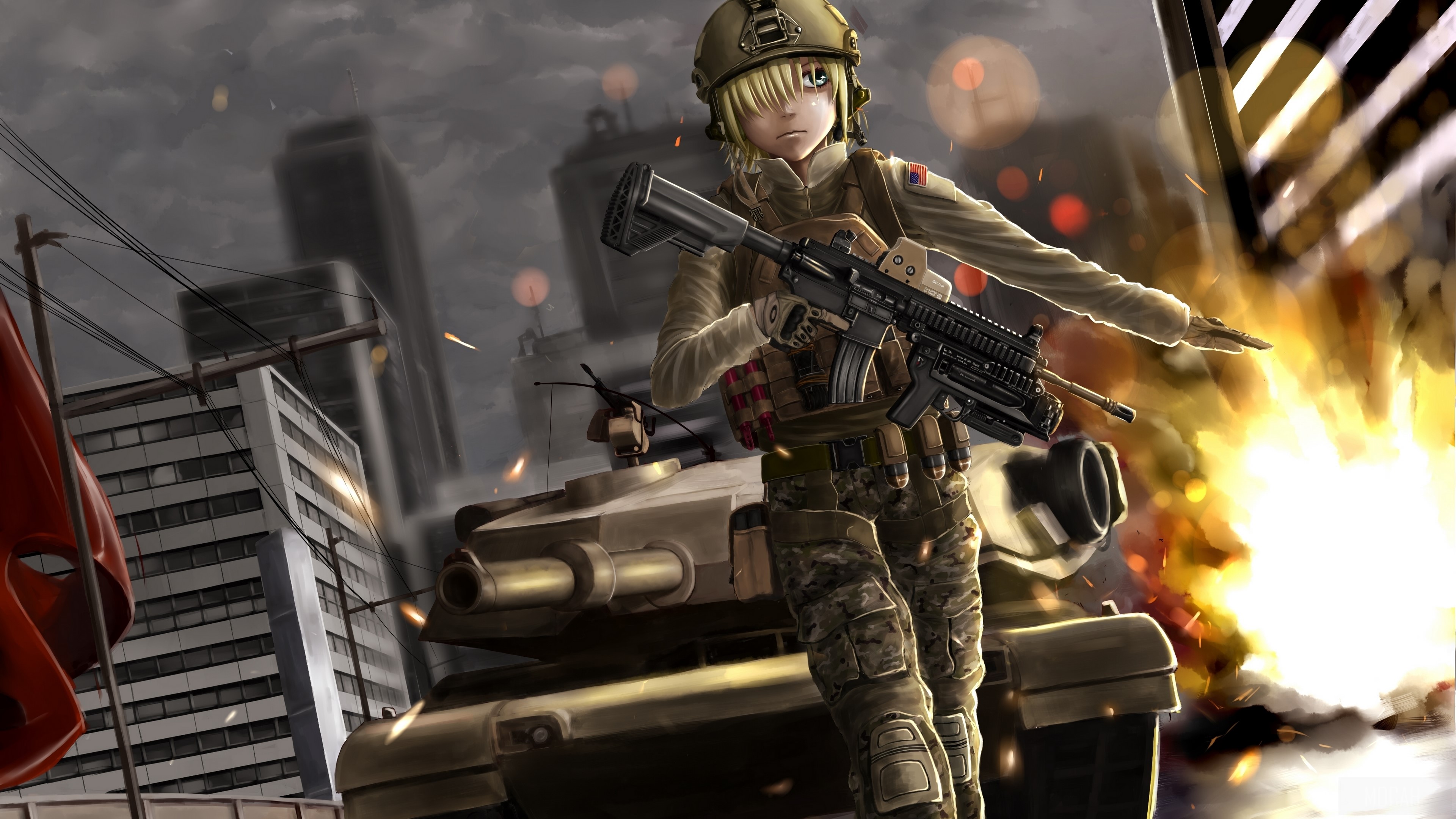 Soldier with Assault Rifle and Tank in Explosion 4K HD Wallpaper