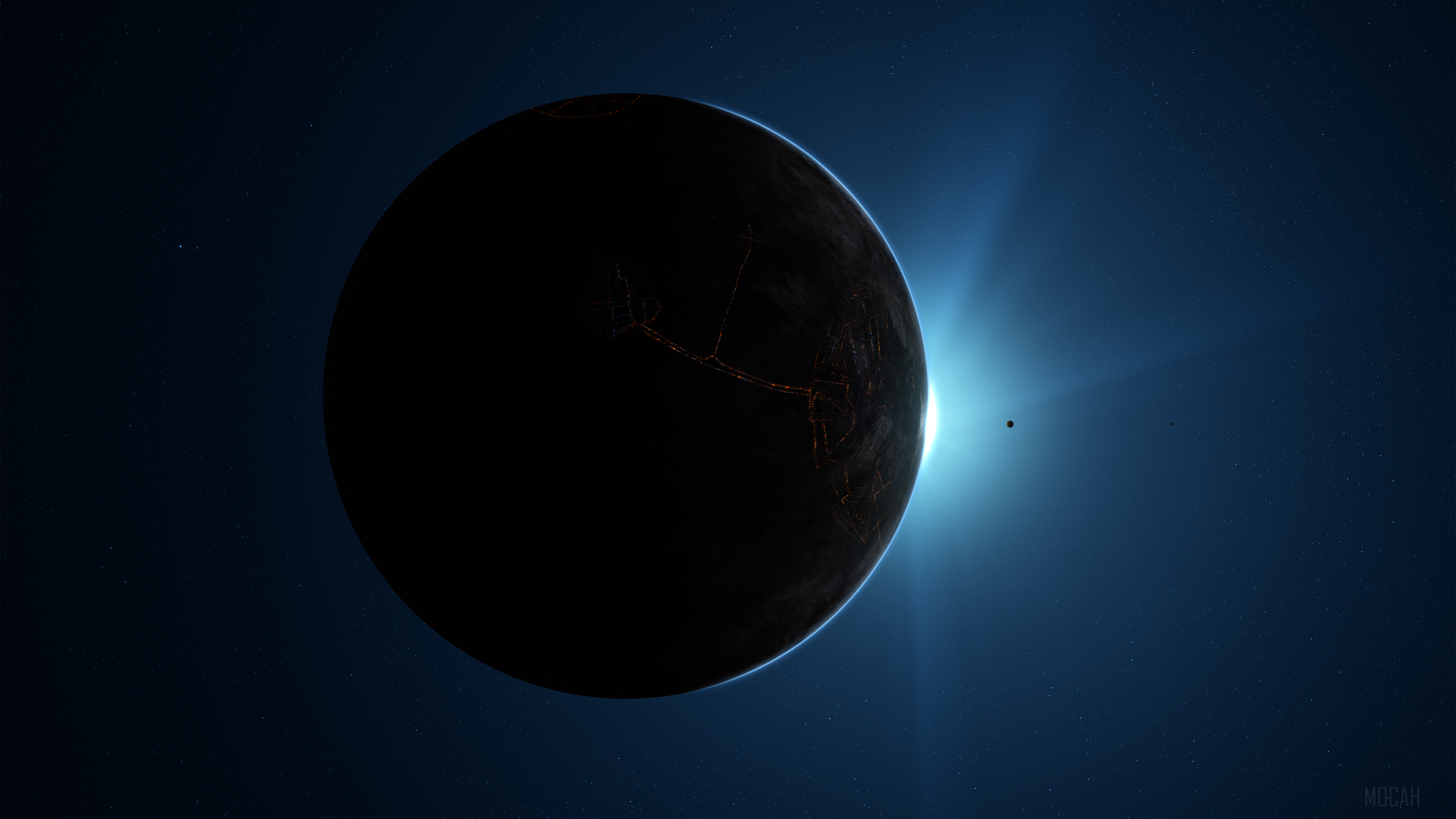 Planet with city lights and a bright sun HD Wallpaper