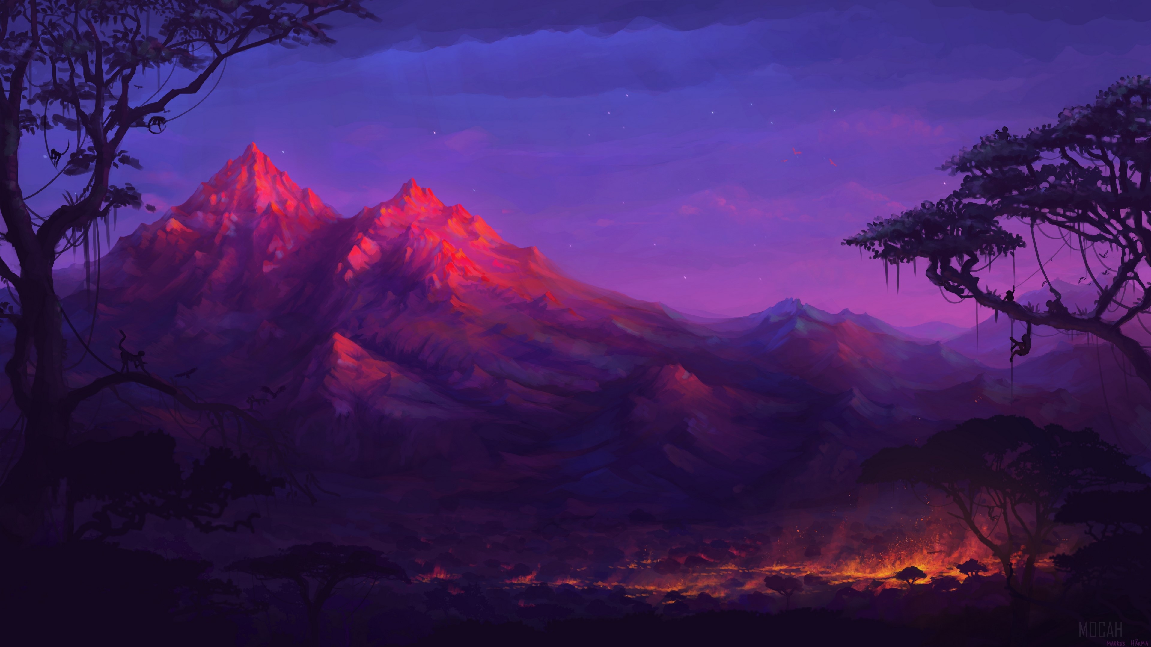 Mountain landscape at dusk with fire HD Wallpaper