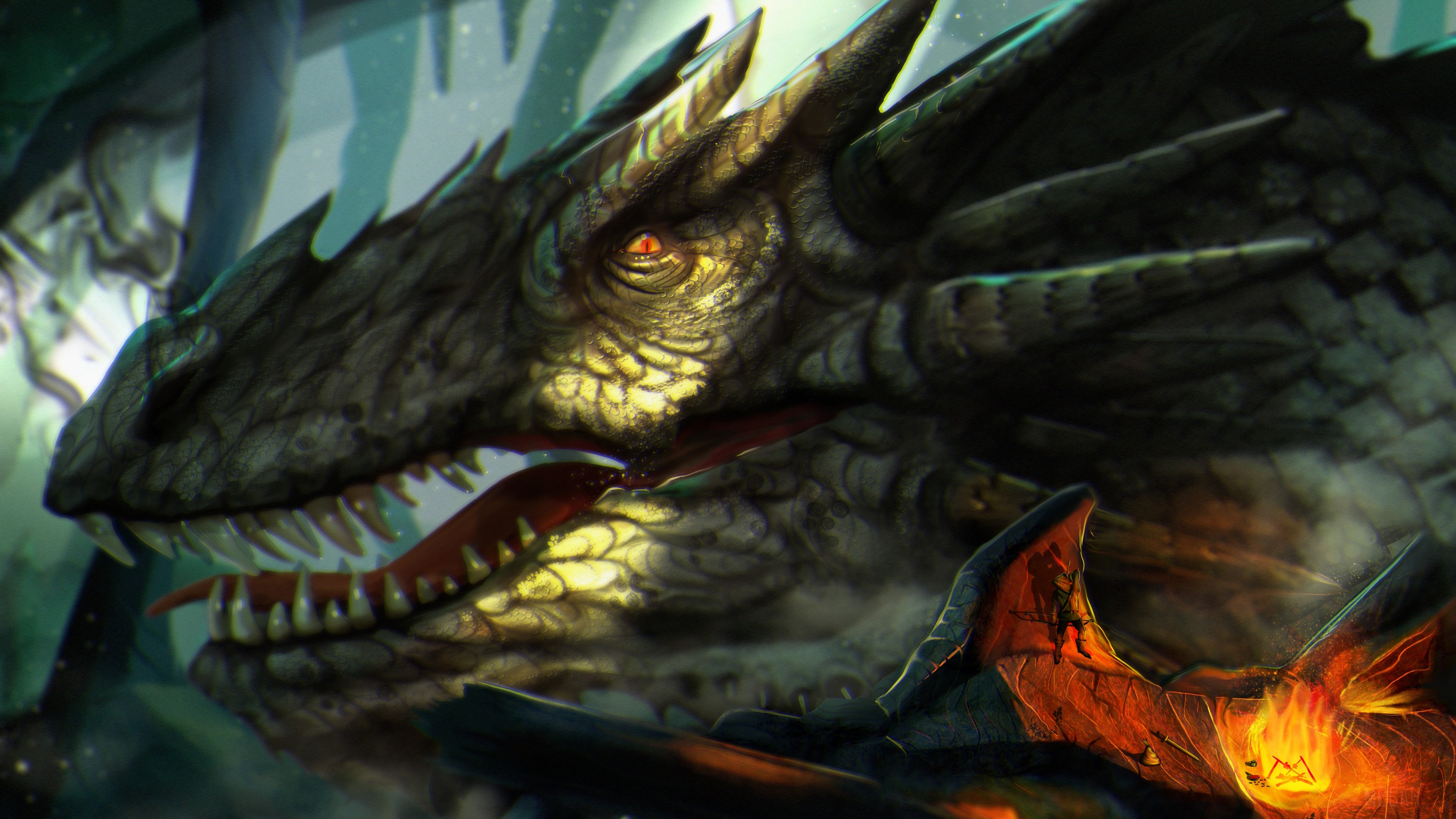 Dragon head with glowing eyes and fiery wings HD Wallpaper