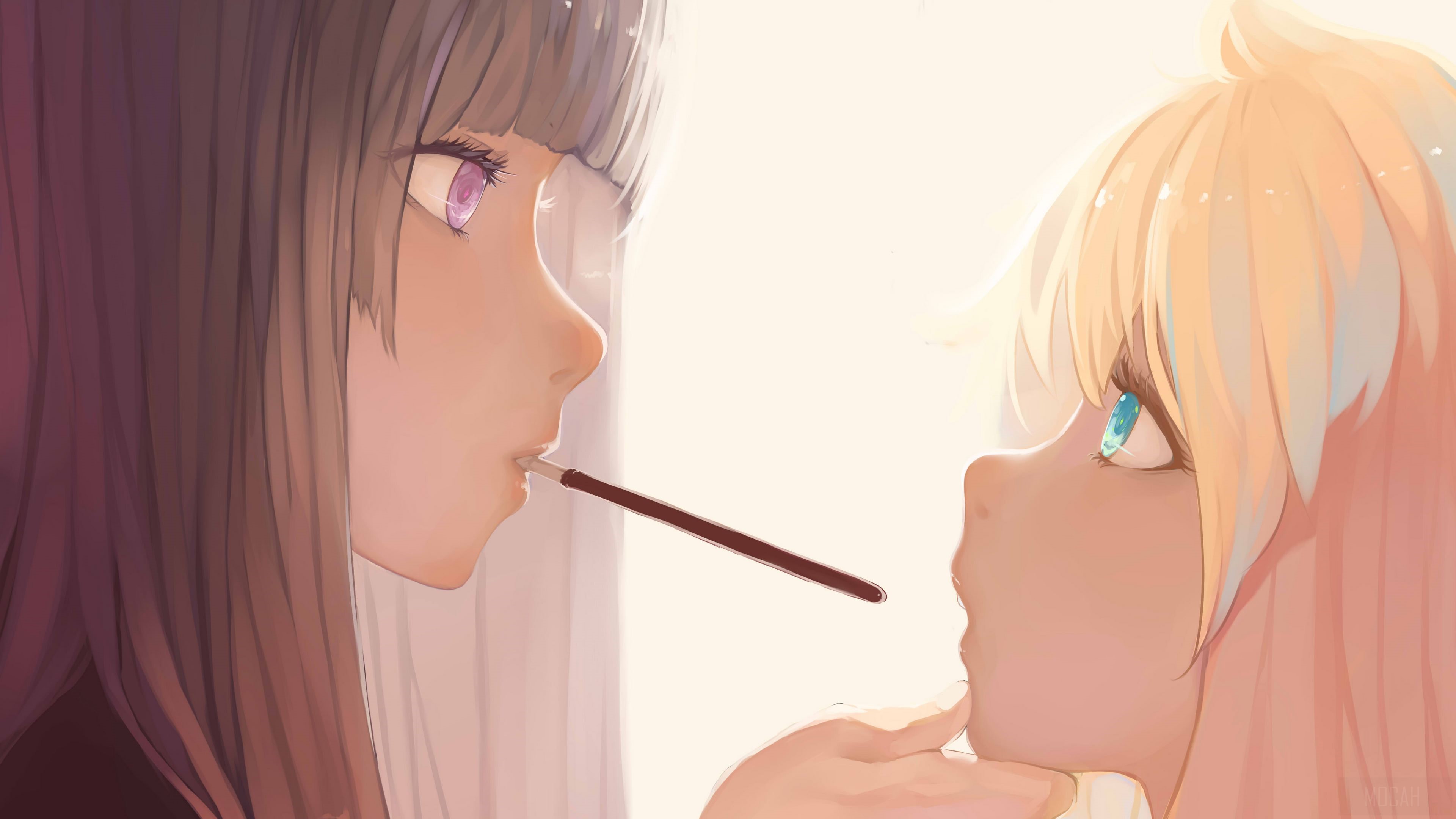 Two anime girls sharing a Pocky stick HD Wallpaper