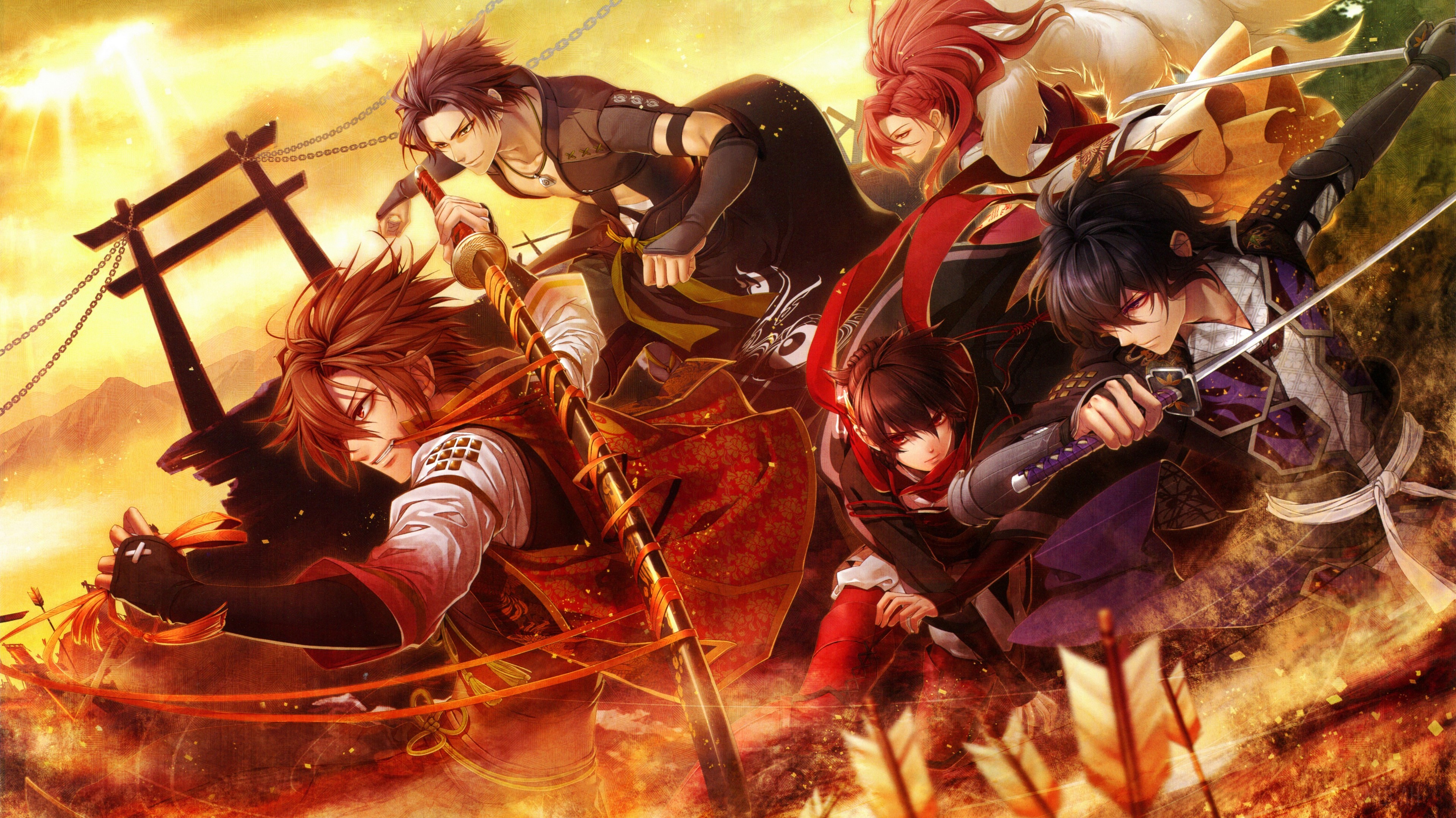 Five samurai warriors with swords in a battle scene HD Wallpaper