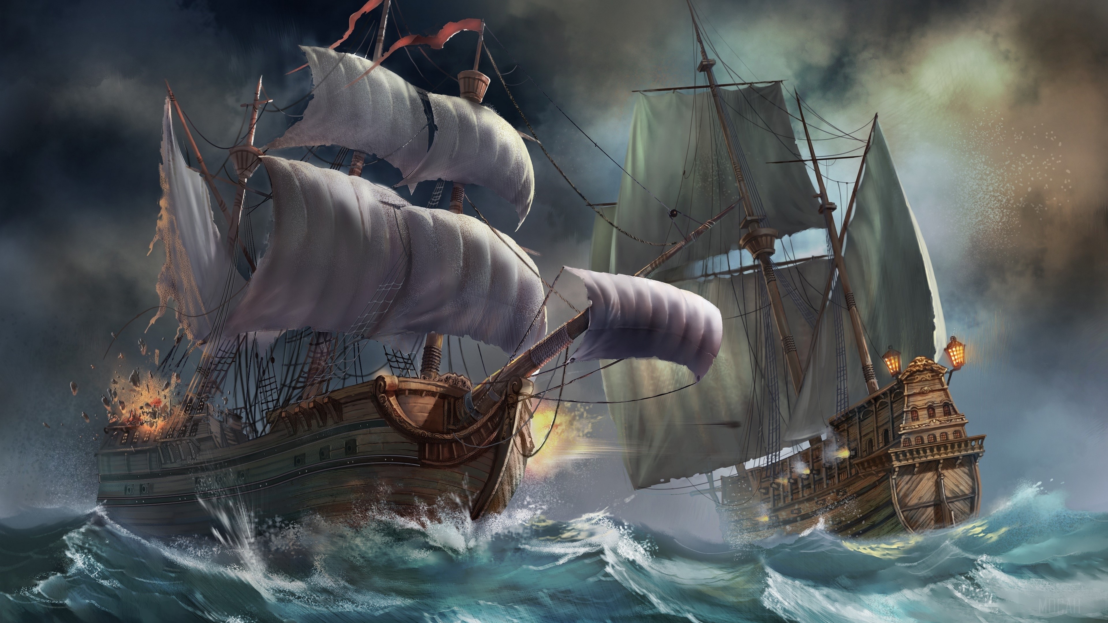 Two sailing ships in battle on stormy seas HD Wallpaper