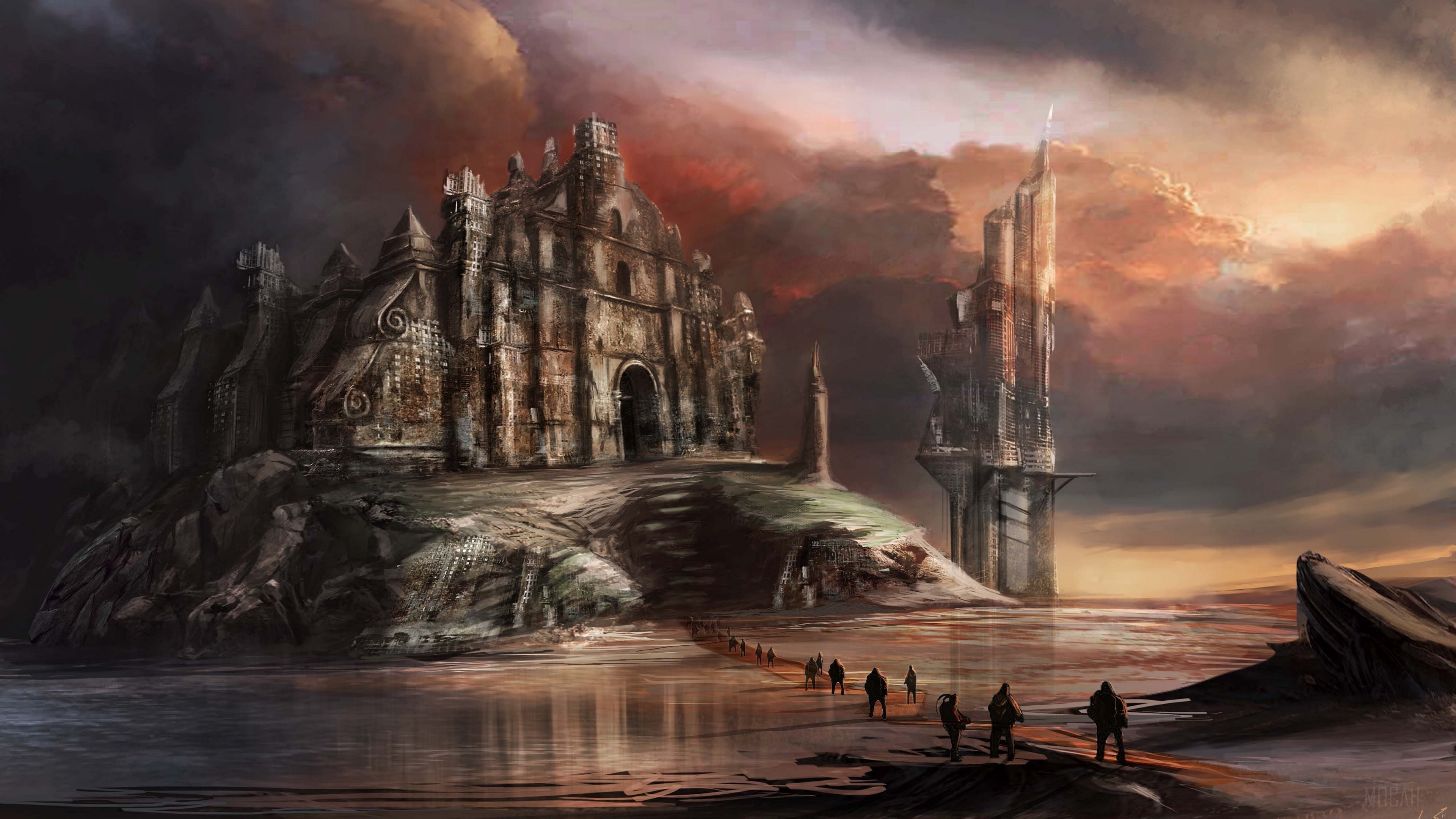 Fantasy landscape with ancient ruins and futuristic tower HD Wallpaper