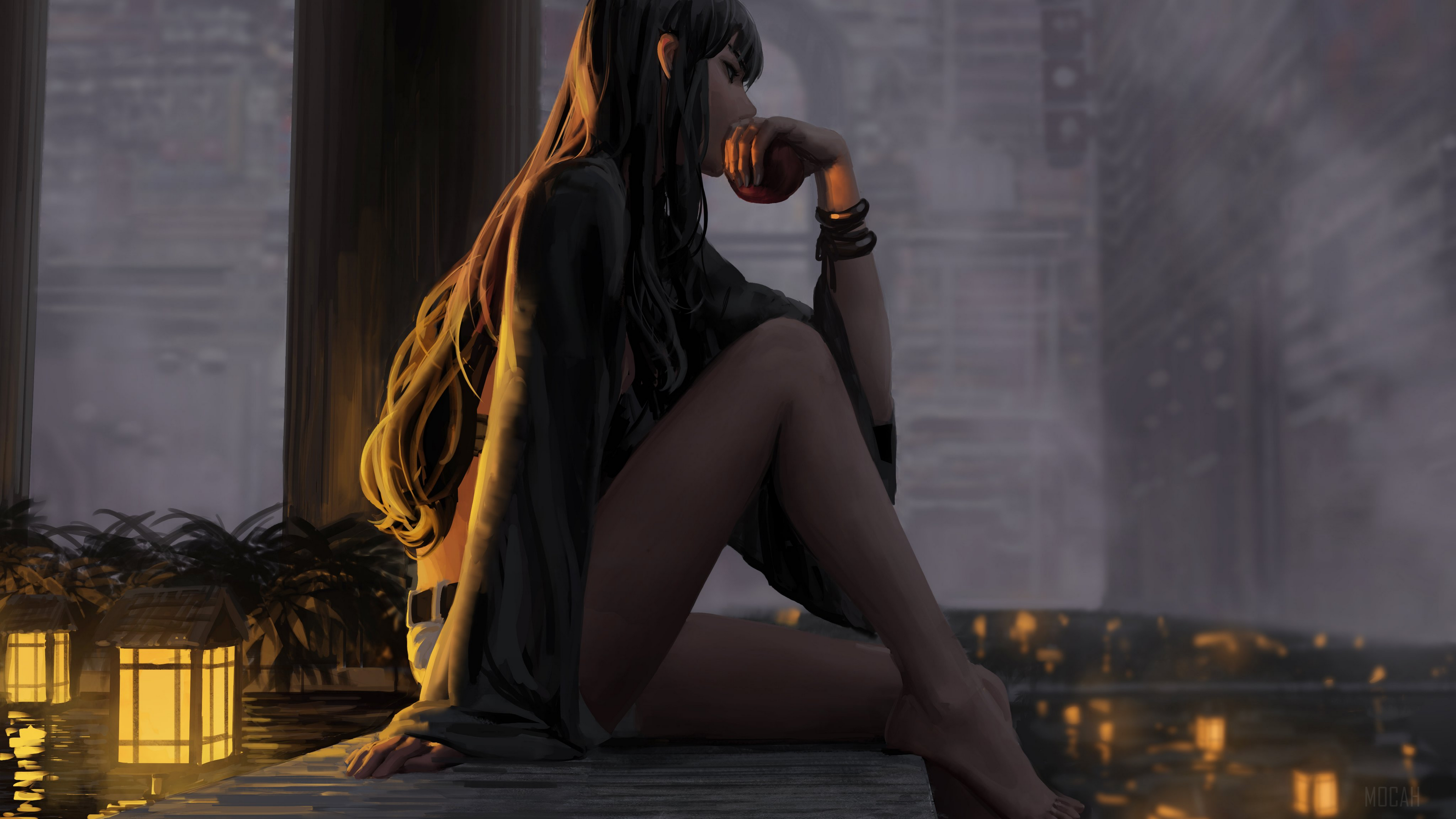 Girl eating an apple by a window 4K HD Wallpaper