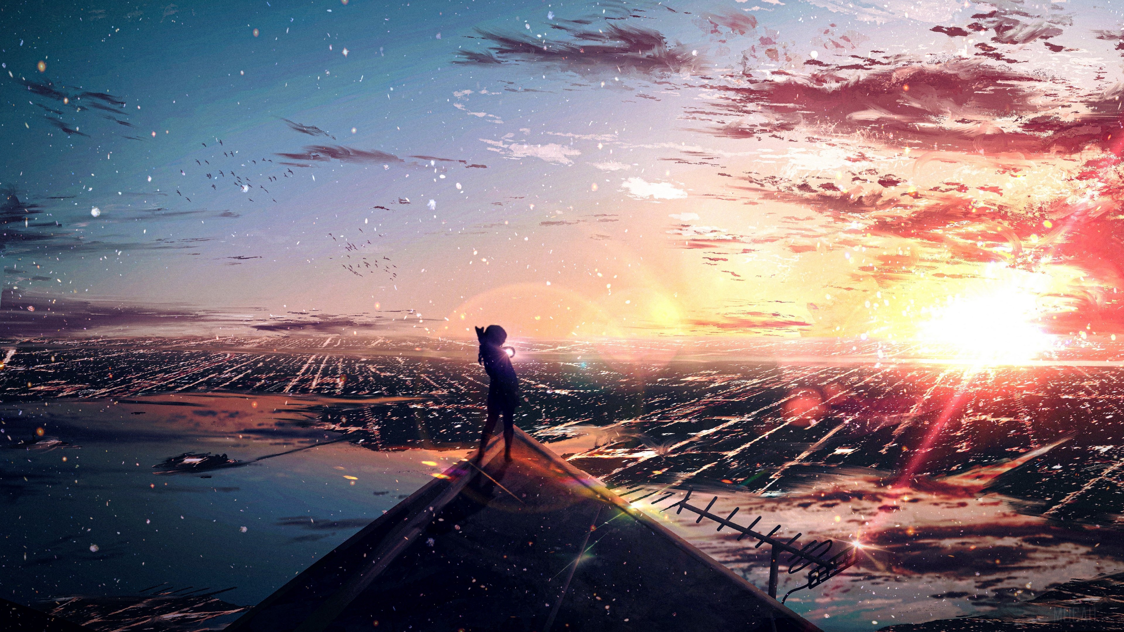 Girl on rooftop watching sunset over city 4K HD Wallpaper