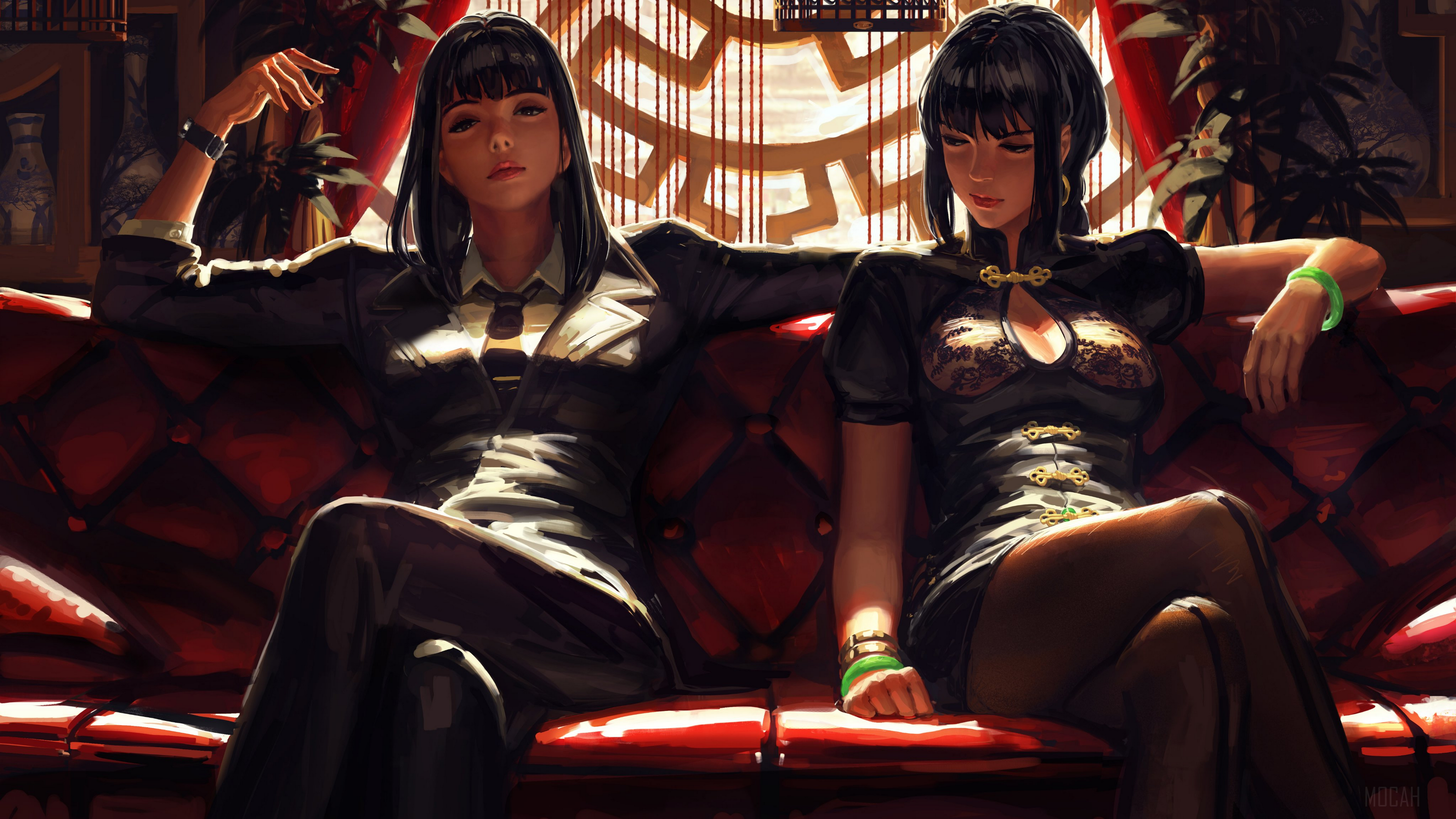 Two women in traditional Chinese dresses sitting on a couch HD Wallpaper