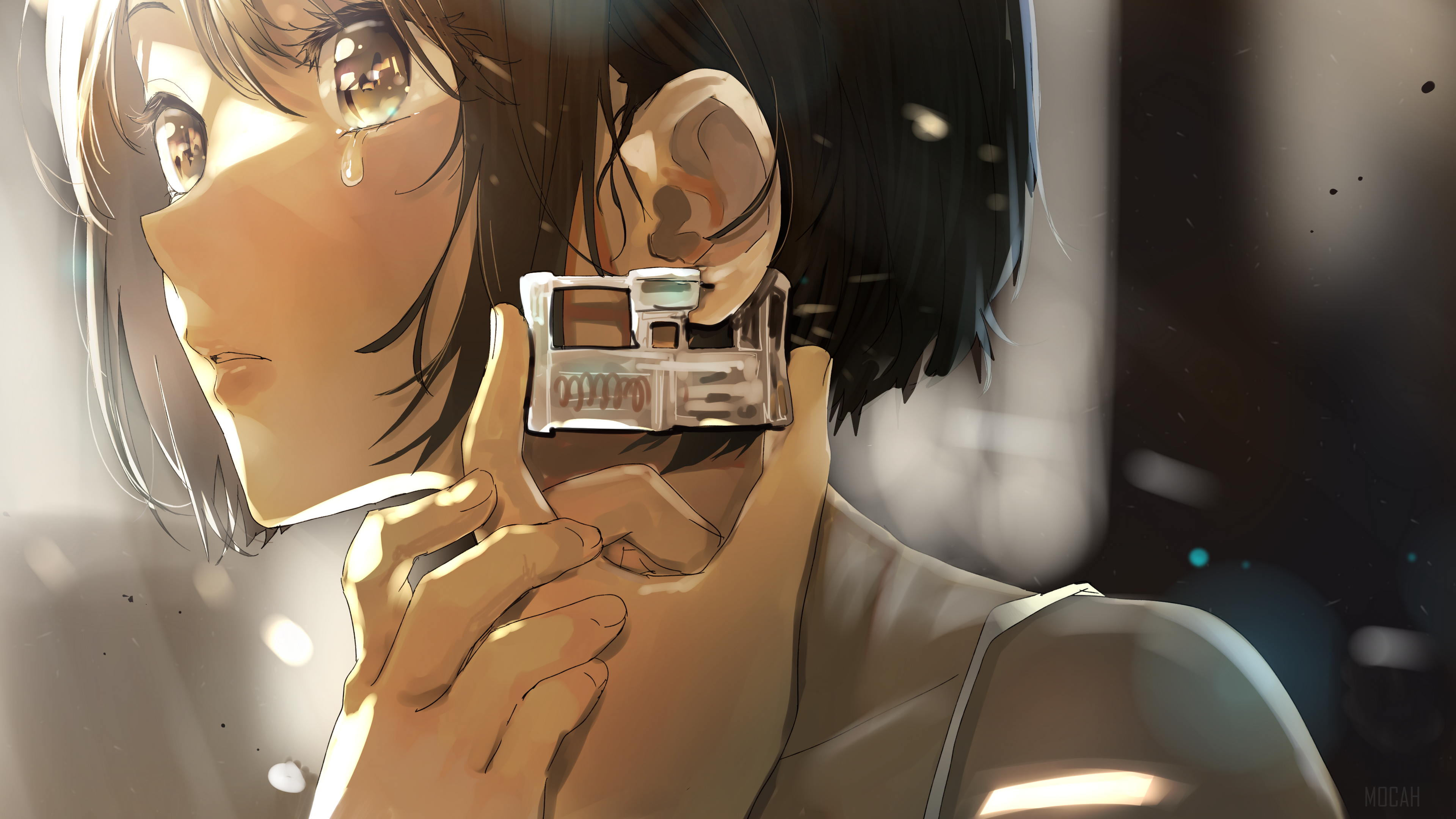 Girl crying holding a device HD Wallpaper