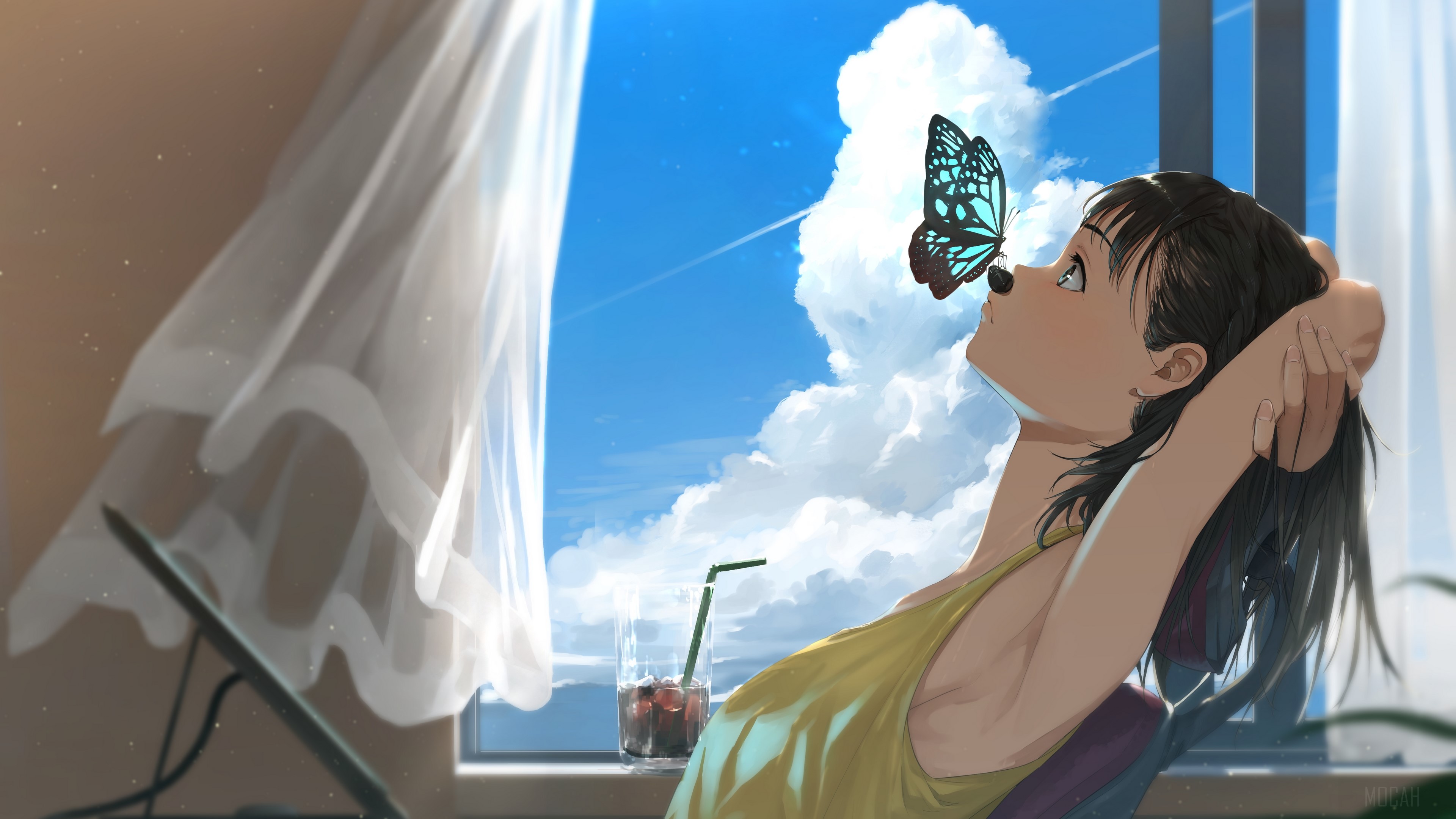 Girl with butterfly on nose and iced drink HD Wallpaper