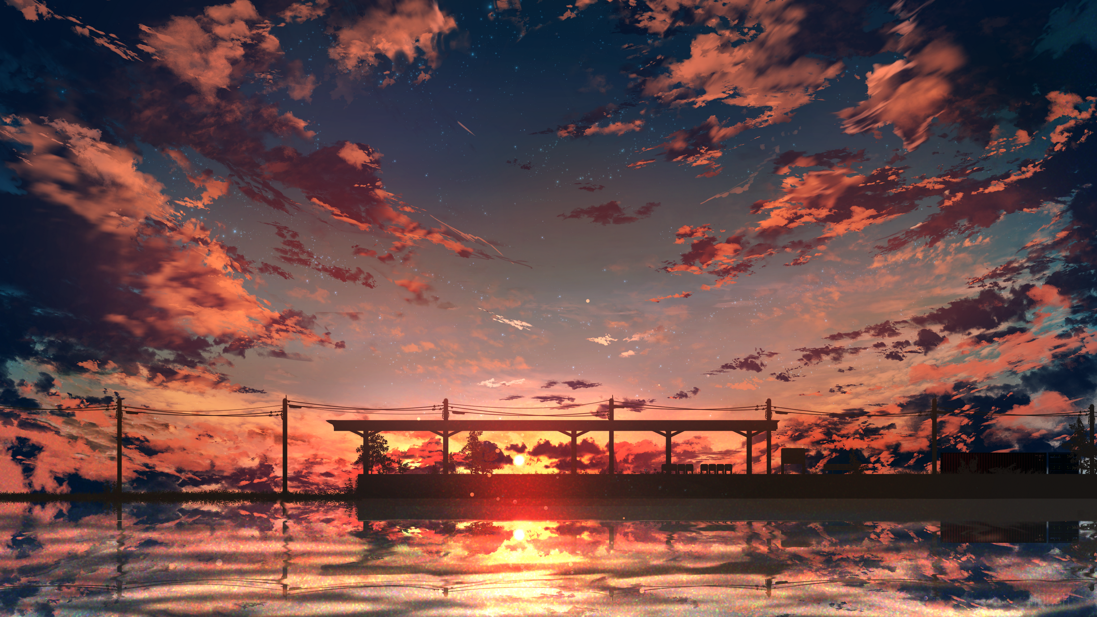 Anime Train Station at Sunset with Reflection 4K HD Wallpaper
