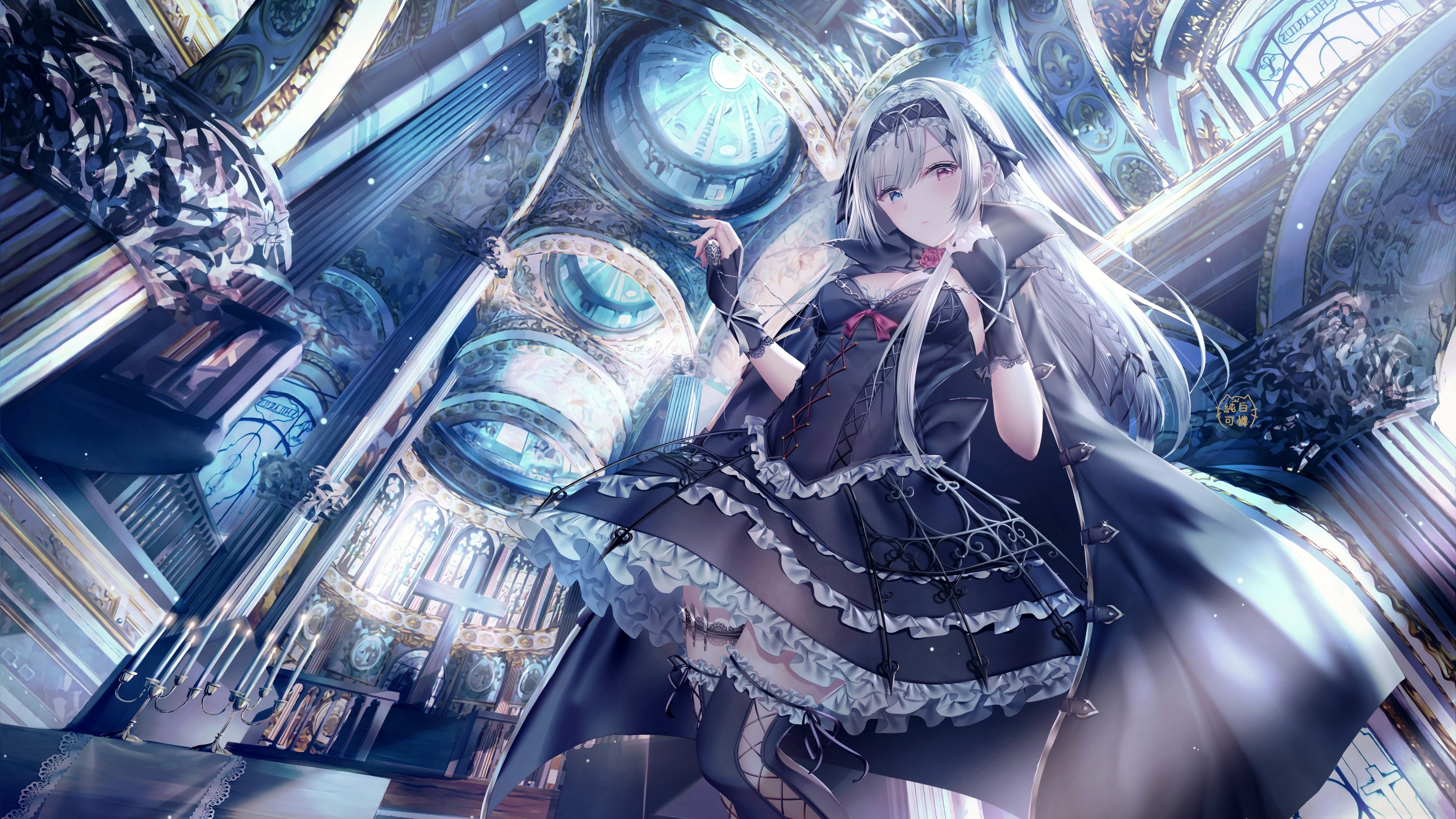 Heterochromia Girl with Long White Hair in a Majestic Cathedral 4K HD Wallpaper