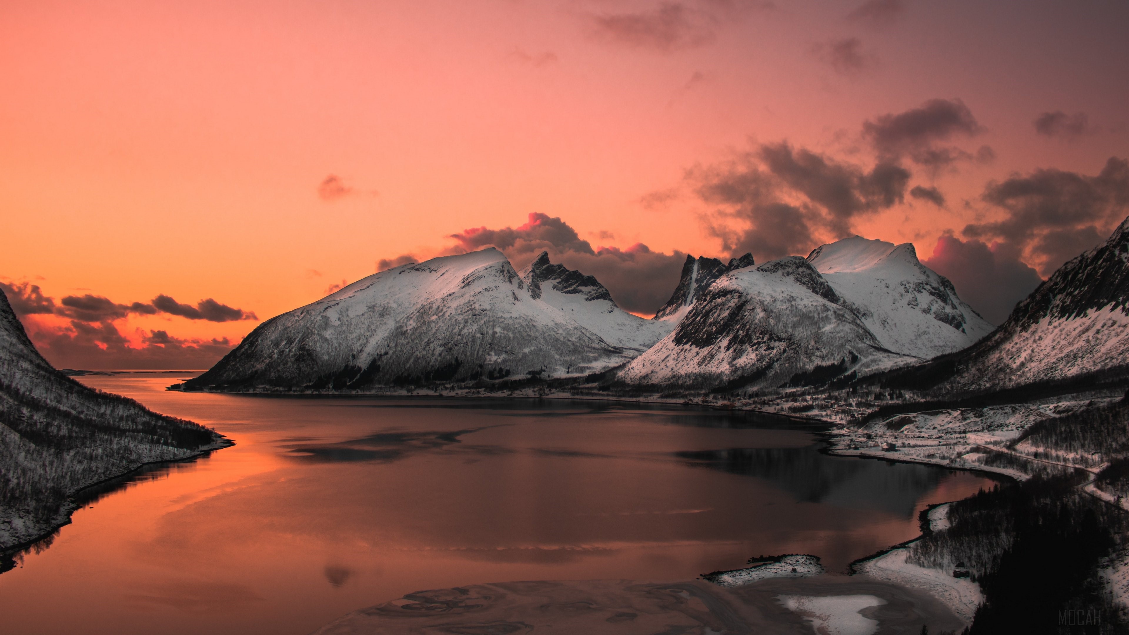 Snowy Mountains Reflecting in Lake at Sunset 4K HD Wallpaper