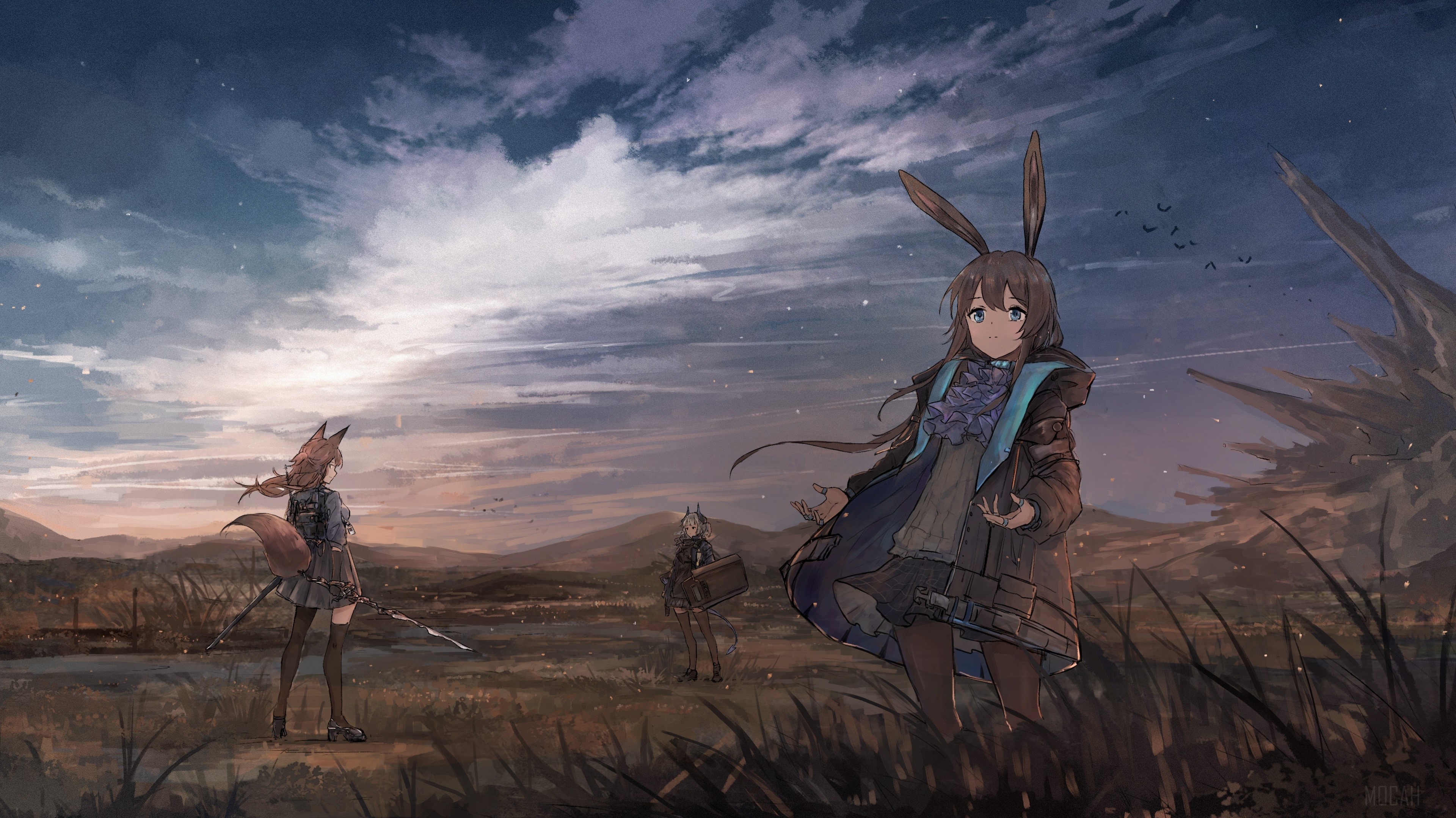 Anime characters in a field at dusk HD Wallpaper