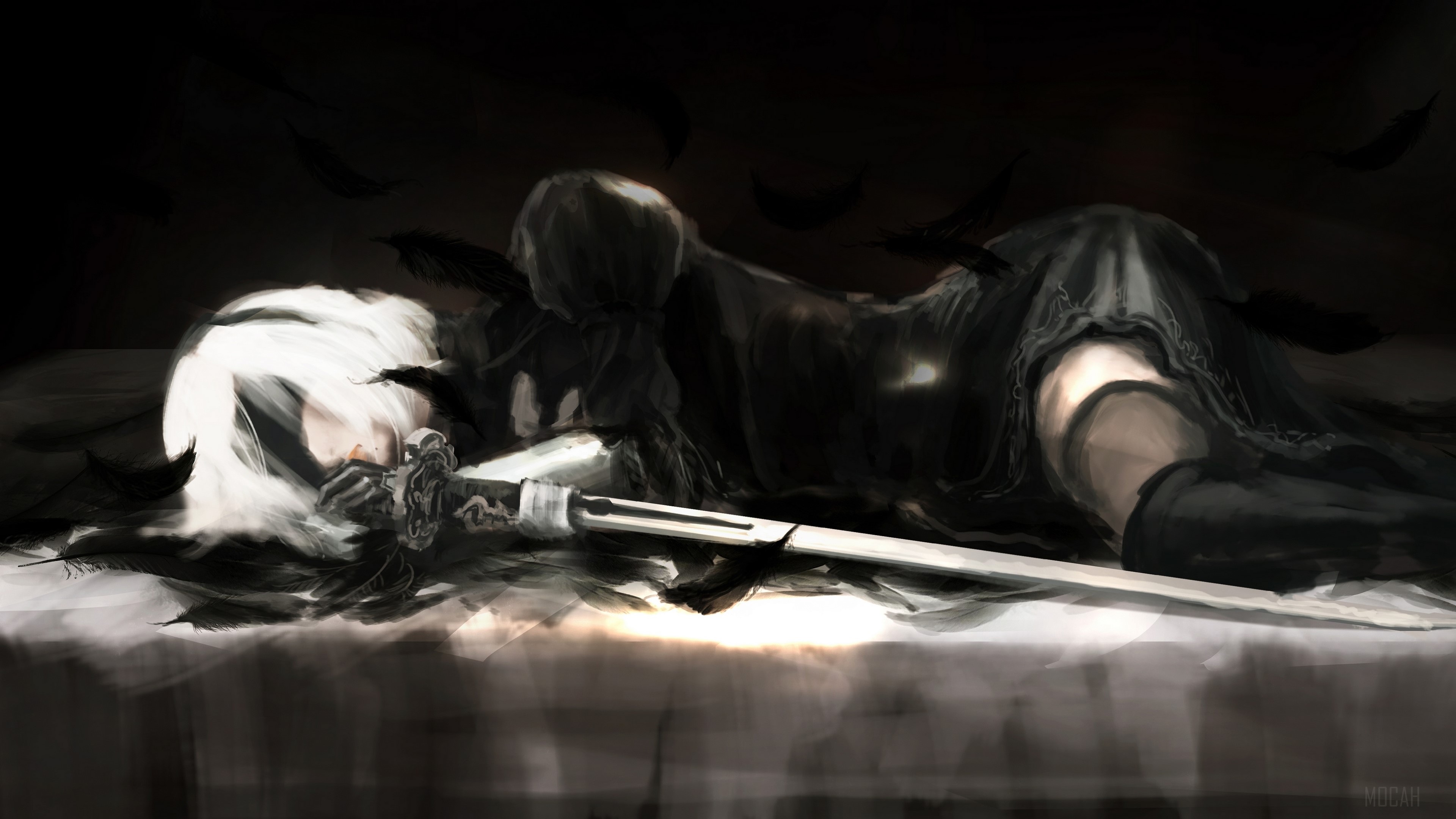 Girl with white hair and sword lying down with feathers HD Wallpaper