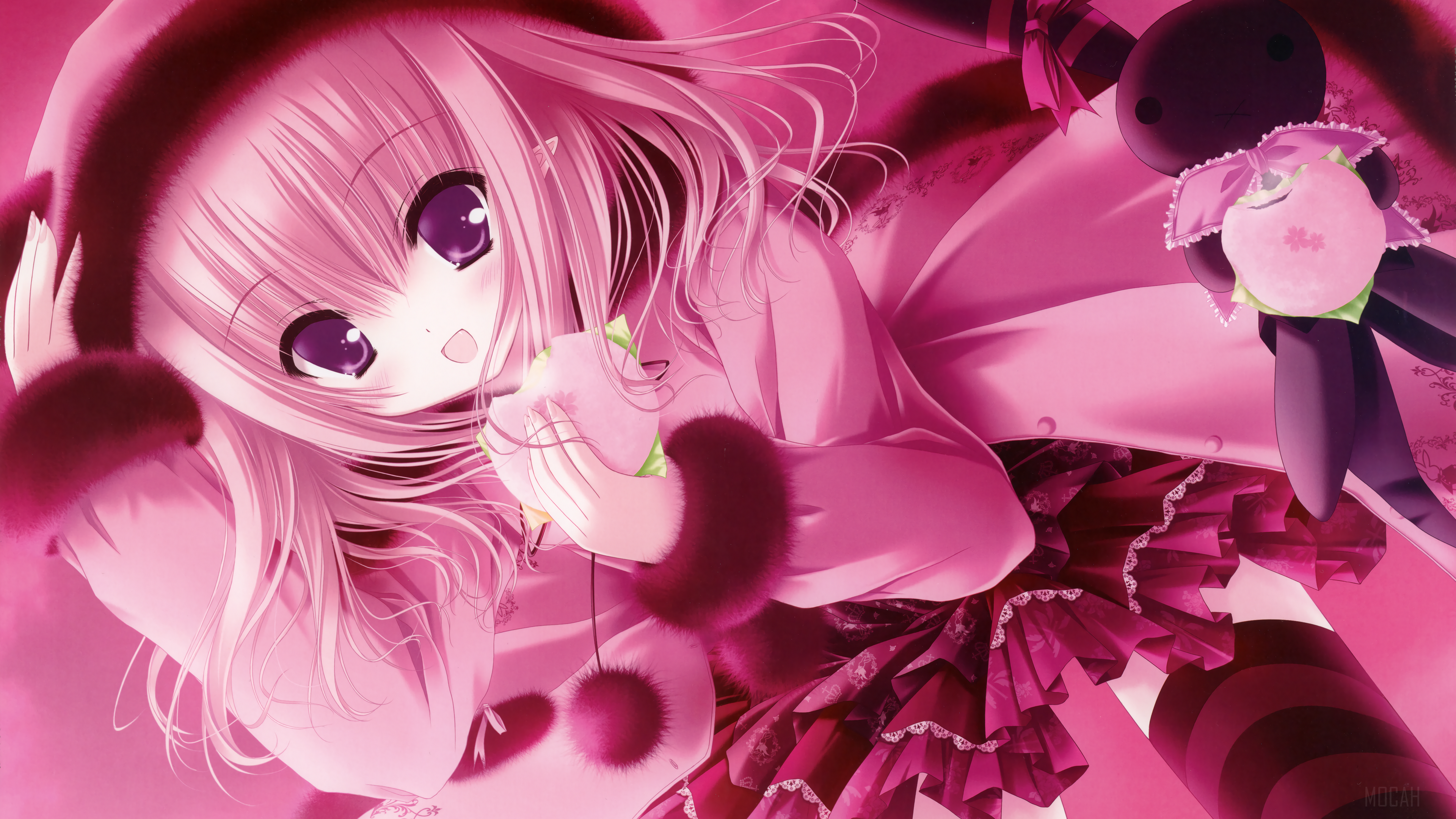Anime girl with pink hair and purple eyes in a hoodie HD Wallpaper