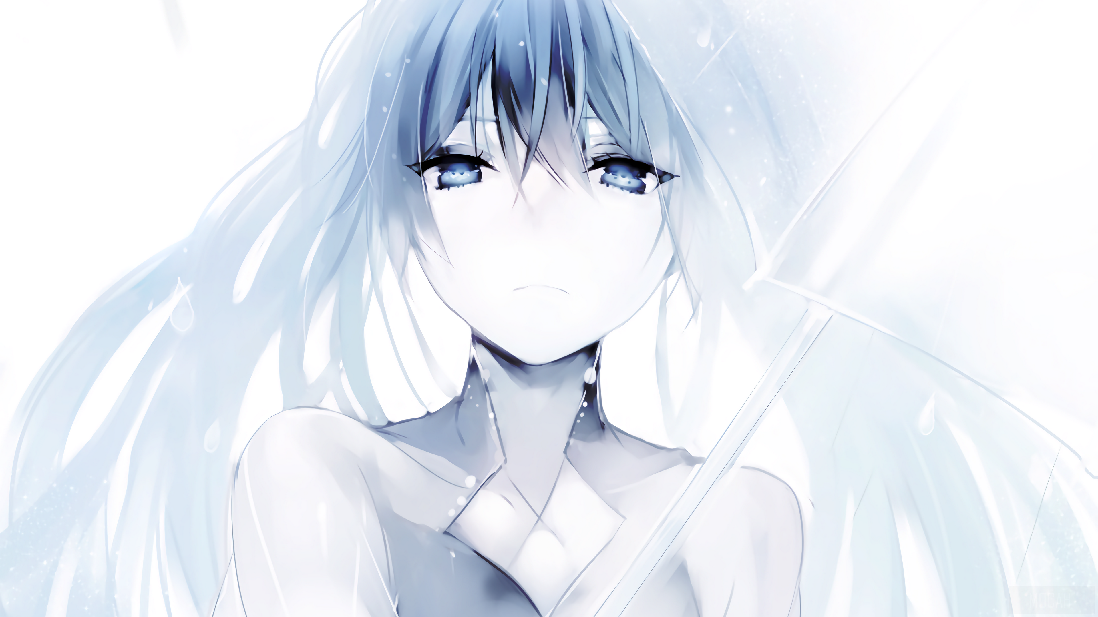 Anime girl with blue hair and blue eyes holding an umbrella HD Wallpaper