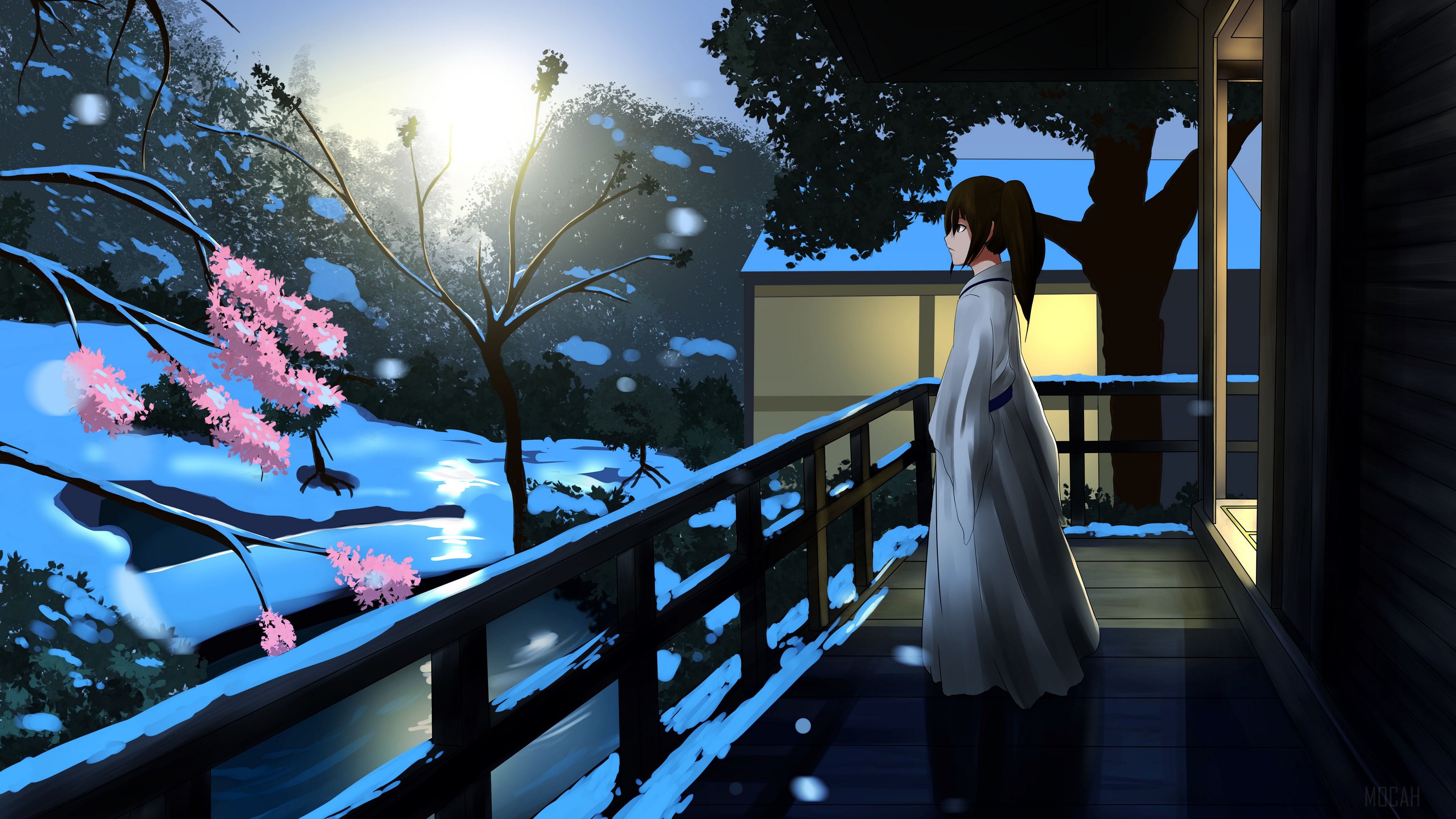 Girl in Kimono in Snowy Morning 4K HD Wallpaper